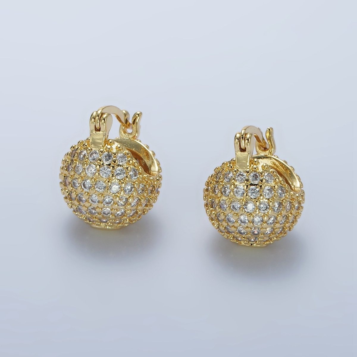 14K Gold Filled Round Ball CZ Micro Paved Dome Latch Earrings in Gold & Silver | V491 V492 - DLUXCA