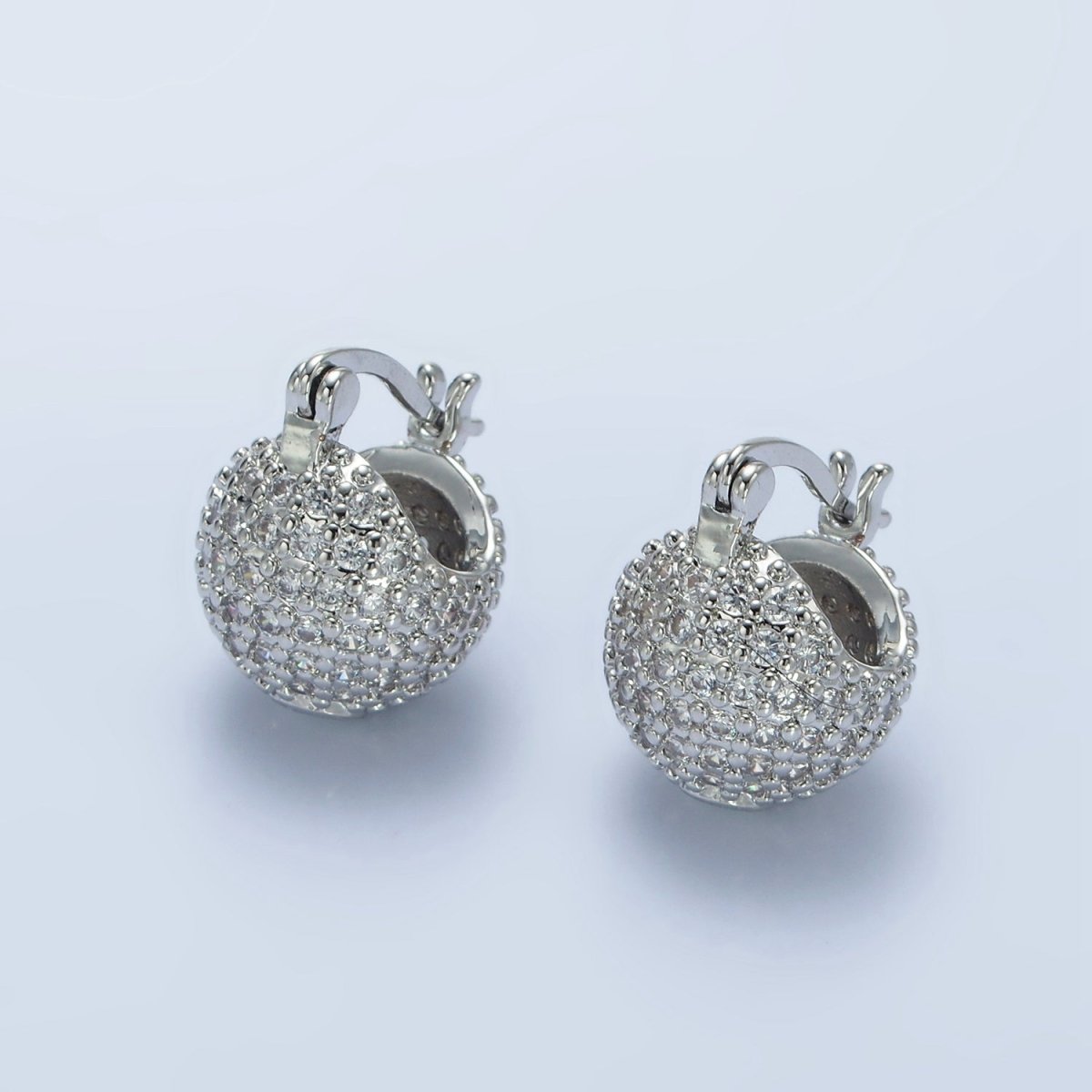 14K Gold Filled Round Ball CZ Micro Paved Dome Latch Earrings in Gold & Silver | V491 V492 - DLUXCA