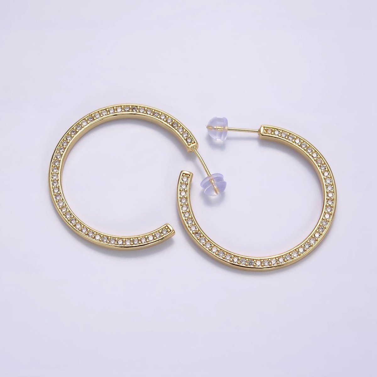 14K Gold Filled Round Clear CZ Lined 35mm C-Shaped Hoop Earrings | AE098 - DLUXCA