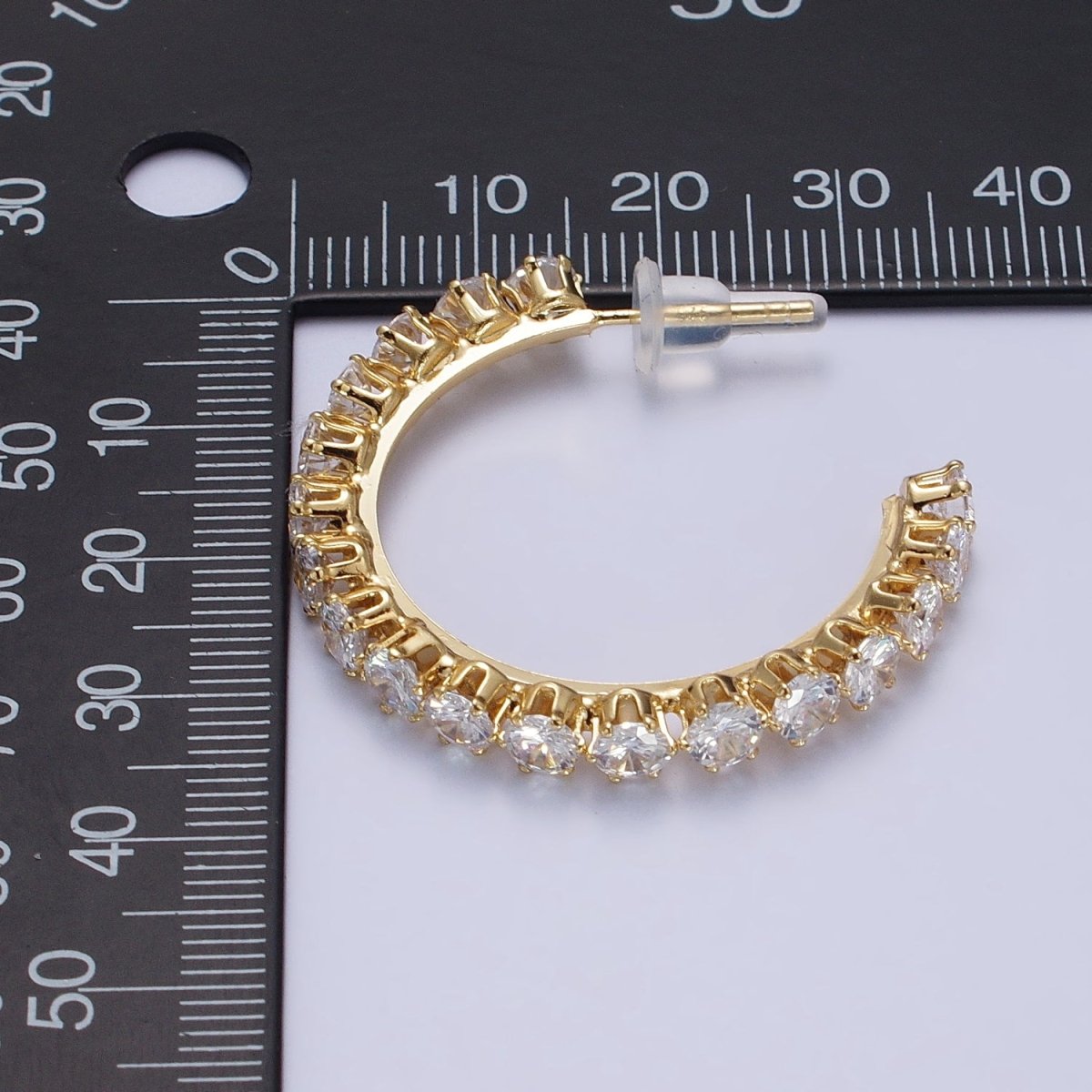 14K Gold Filled Round Clear CZ Lined C-Shaped 36mm Hoop Earrings | AB157 - DLUXCA