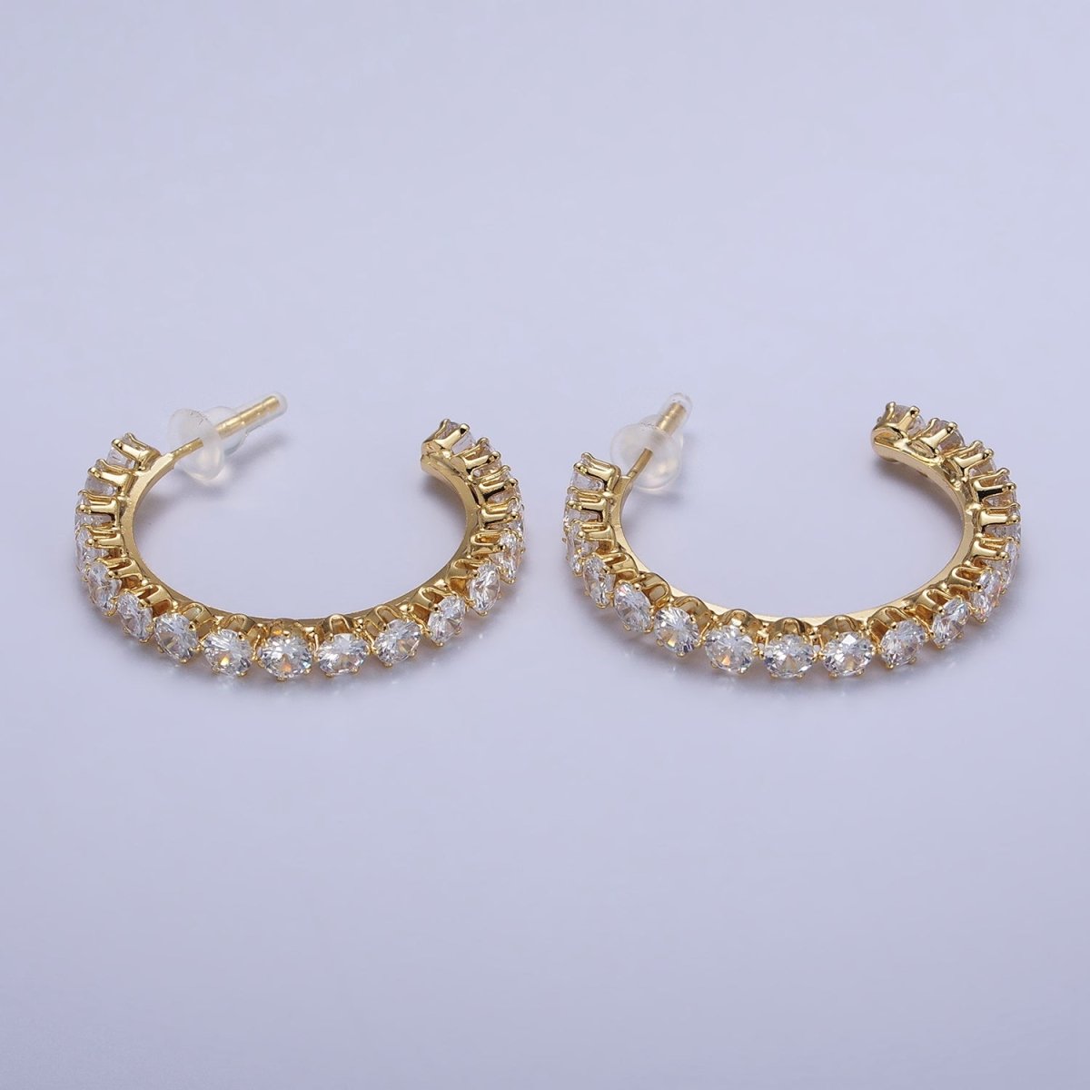 14K Gold Filled Round Clear CZ Lined C-Shaped 36mm Hoop Earrings | AB157 - DLUXCA