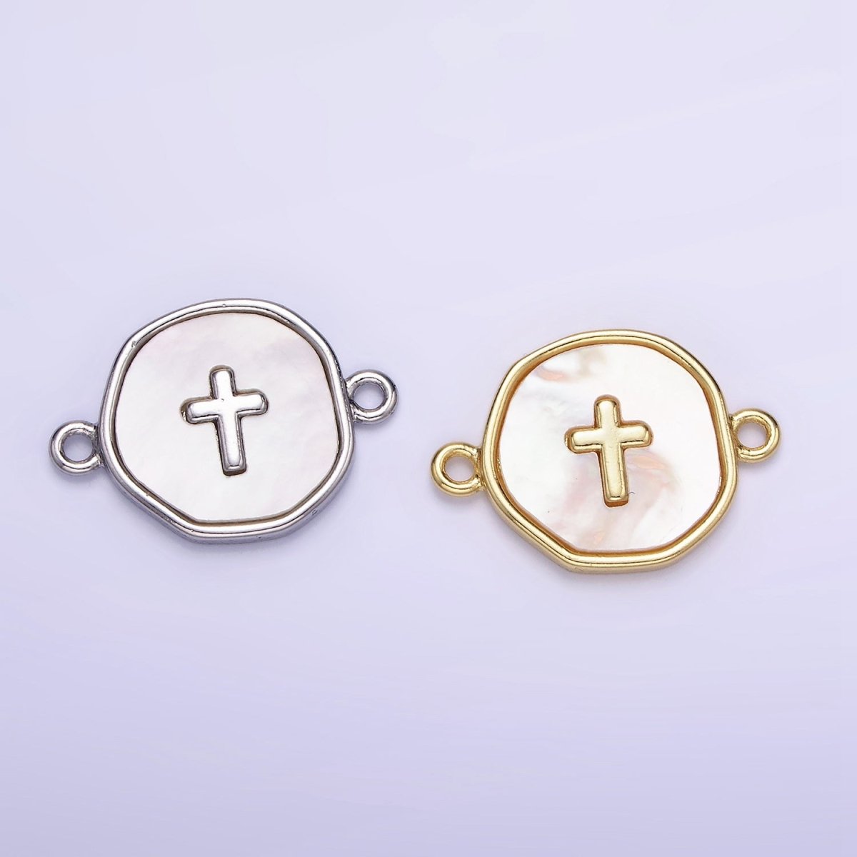 14K Gold Filled Round Coin Cross Charm Connector Shell Pearl Link Connector | G287 - DLUXCA