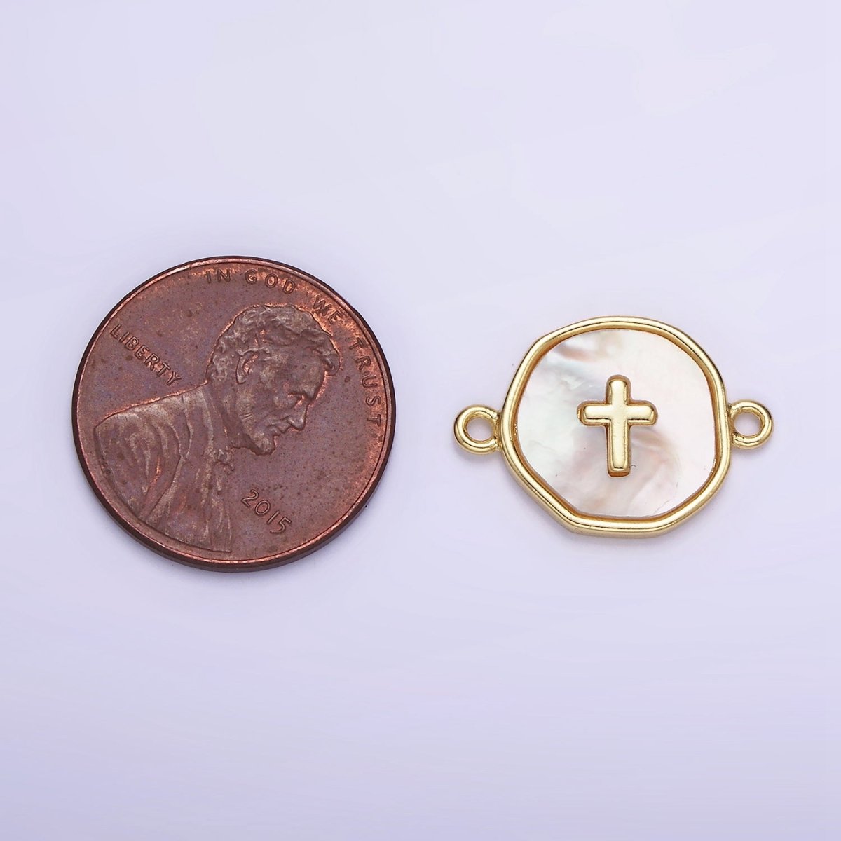 14K Gold Filled Round Coin Cross Charm Connector Shell Pearl Link Connector | G287 - DLUXCA