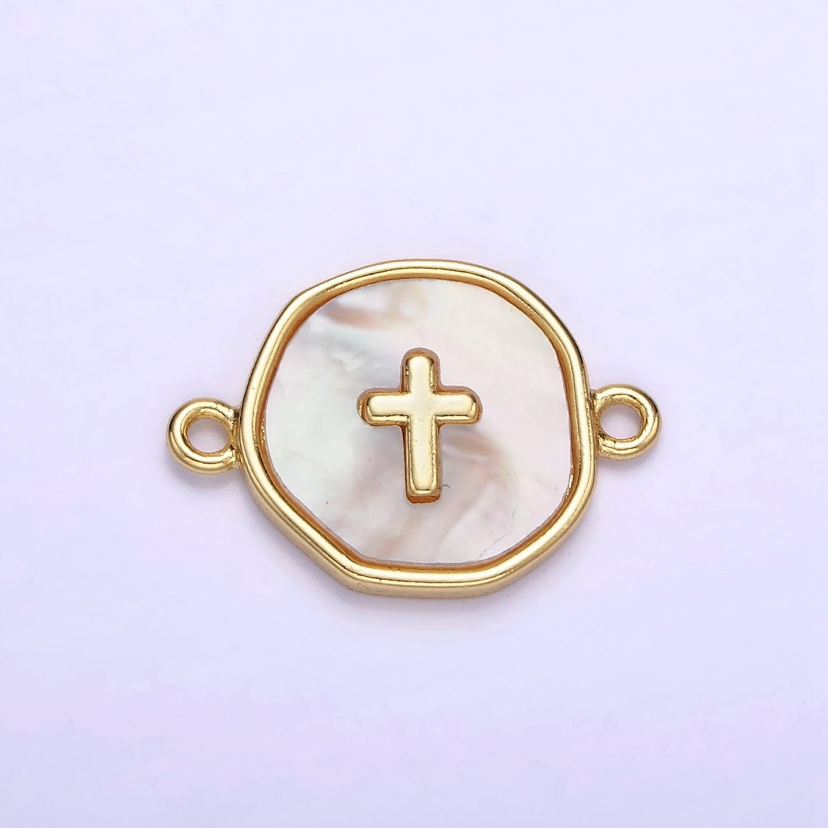 14K Gold Filled Round Coin Cross Charm Connector Shell Pearl Link Connector | G287 - DLUXCA