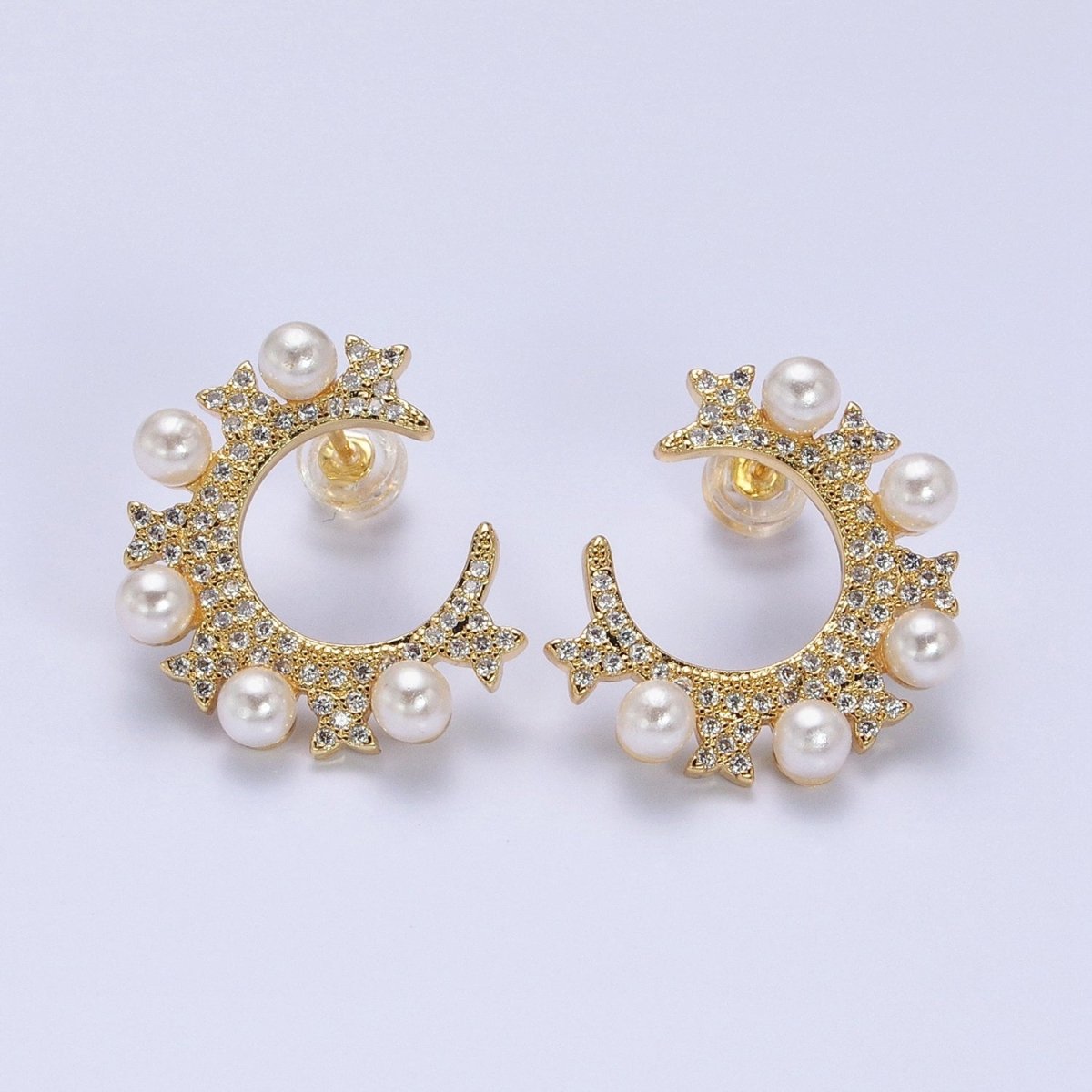 14K Gold Filled Round Pearl Lined Circular Micro Paved CZ Butterfly Stud Earrings in Gold & Silver | AB1506 AB1507 - DLUXCA