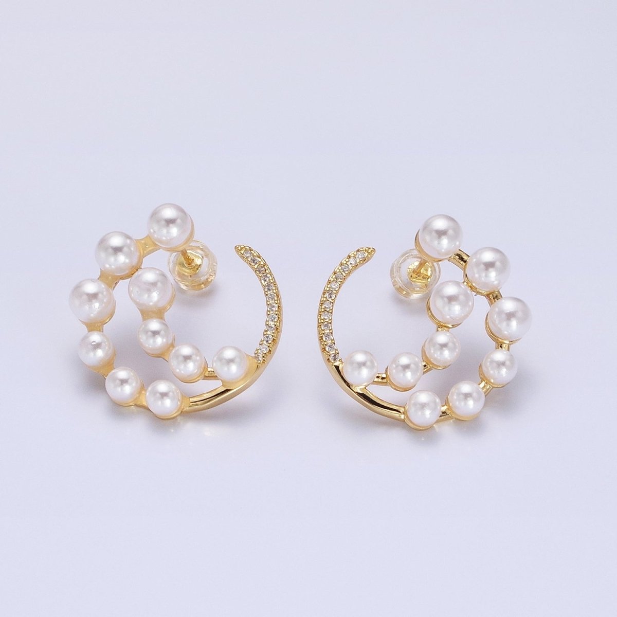 14K Gold Filled Round Pearl Lined Triple Circular Micro Paved CZ Hoop Earrings | AB1517 - AB1518 - DLUXCA