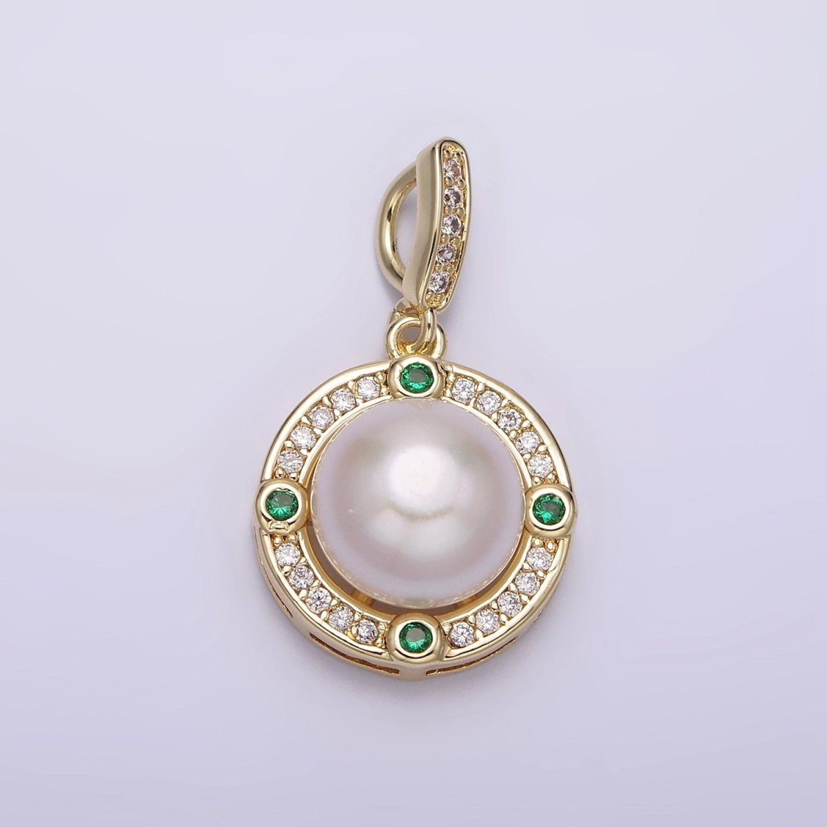 14K Gold Filled Round Shell Pearl Green CZ Clear Micro Paved CZ Bail Pendant | AA631 - DLUXCA