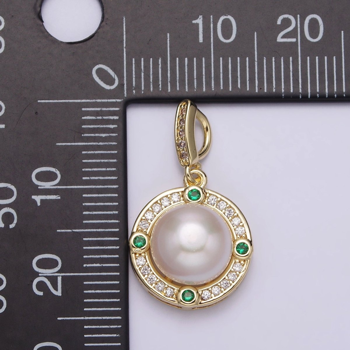 14K Gold Filled Round Shell Pearl Green CZ Clear Micro Paved CZ Bail Pendant | AA631 - DLUXCA