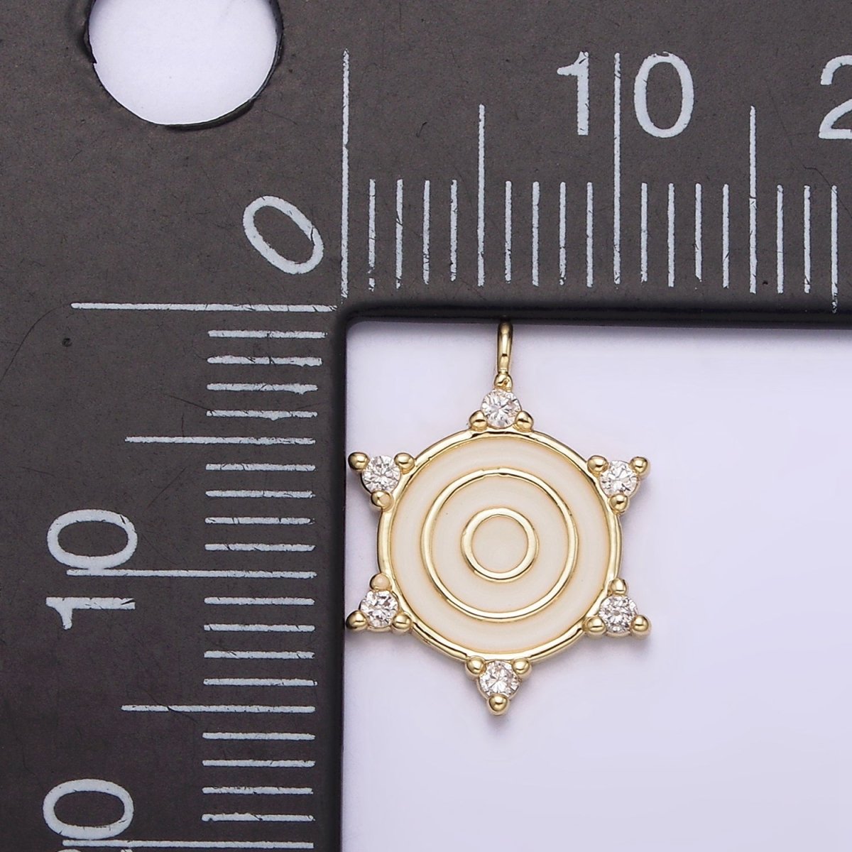 14K Gold Filled Round White Enamel Clear CZ Dotted Outline Charm | N1016 - DLUXCA