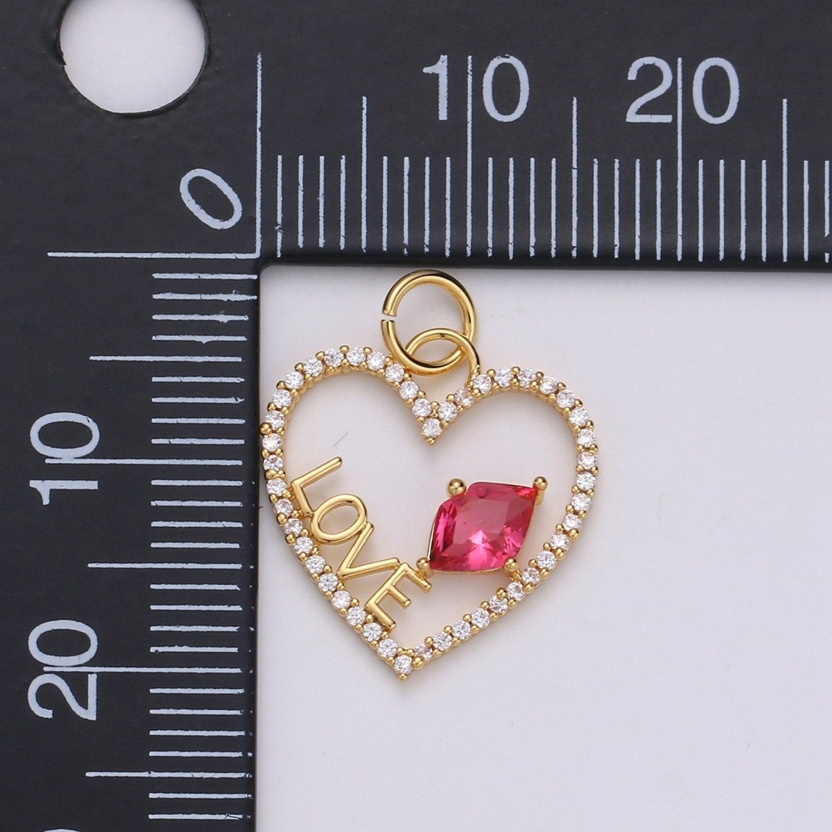 14k Gold Filled Ruby Zirconia Micro Pave Kiss & Love Heart Charm,Heart with CZ Pendant , Gold Filled Heart Pendant, For DIY JewelryC-510 - DLUXCA