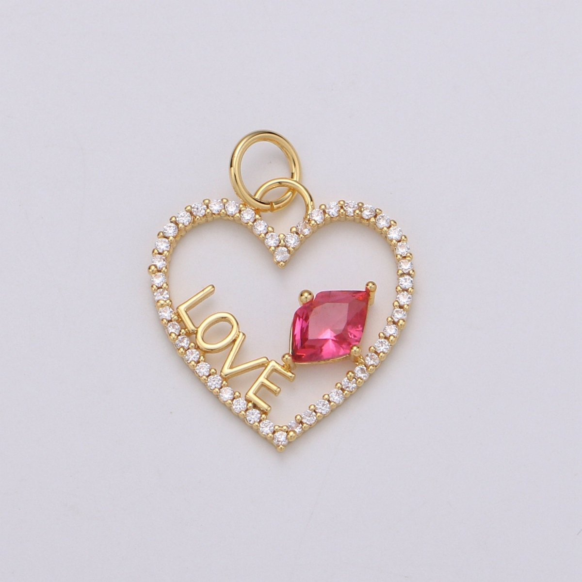 14k Gold Filled Ruby Zirconia Micro Pave Kiss & Love Heart Charm,Heart with CZ Pendant , Gold Filled Heart Pendant, For DIY JewelryC-510 - DLUXCA