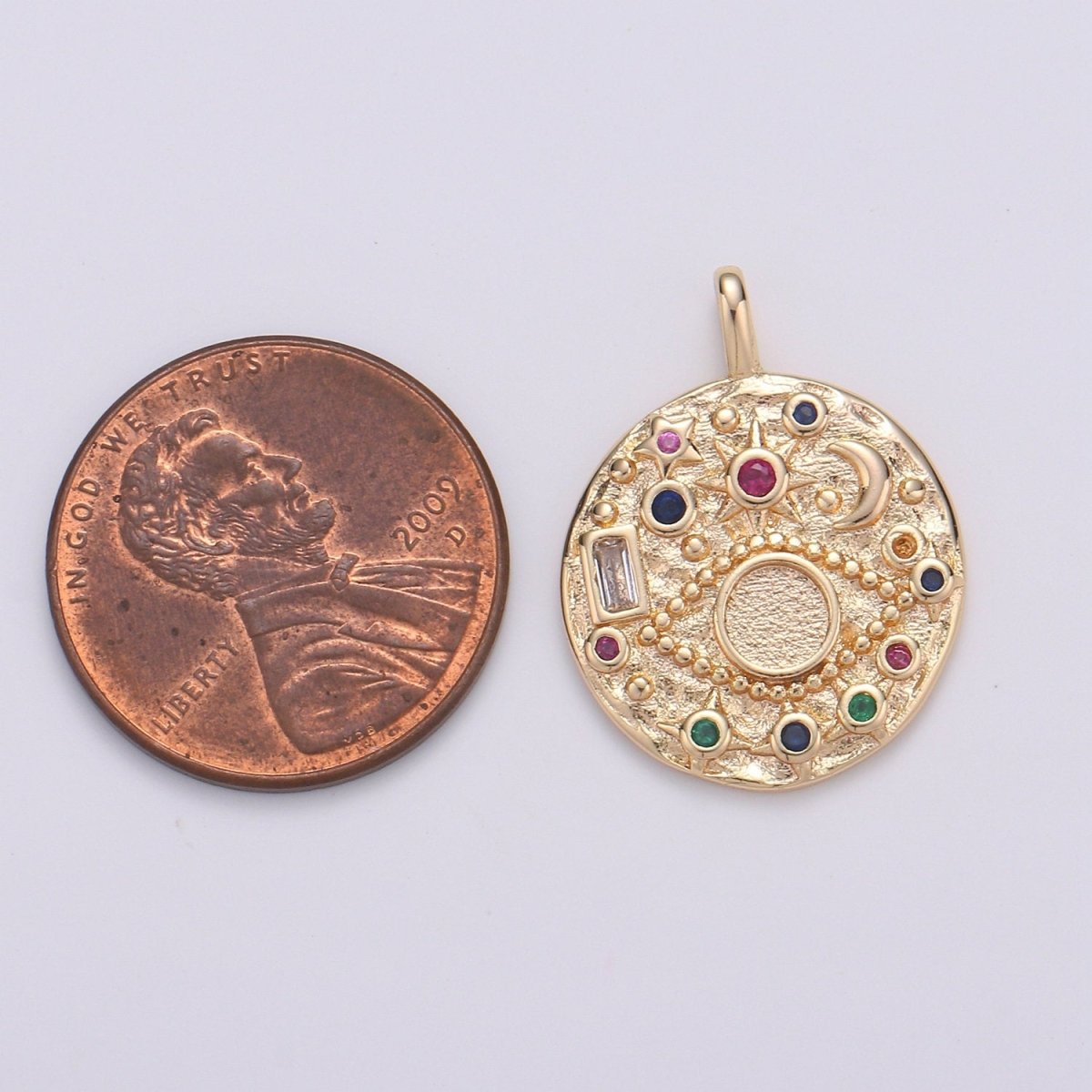 14K Gold Filled Rustic Dainty Evil Eye Charm with Micro Pave Cubic Zirconia CZ Stone for Celestial Moon Necklace or Earring Supply D-219 to D-220 - DLUXCA