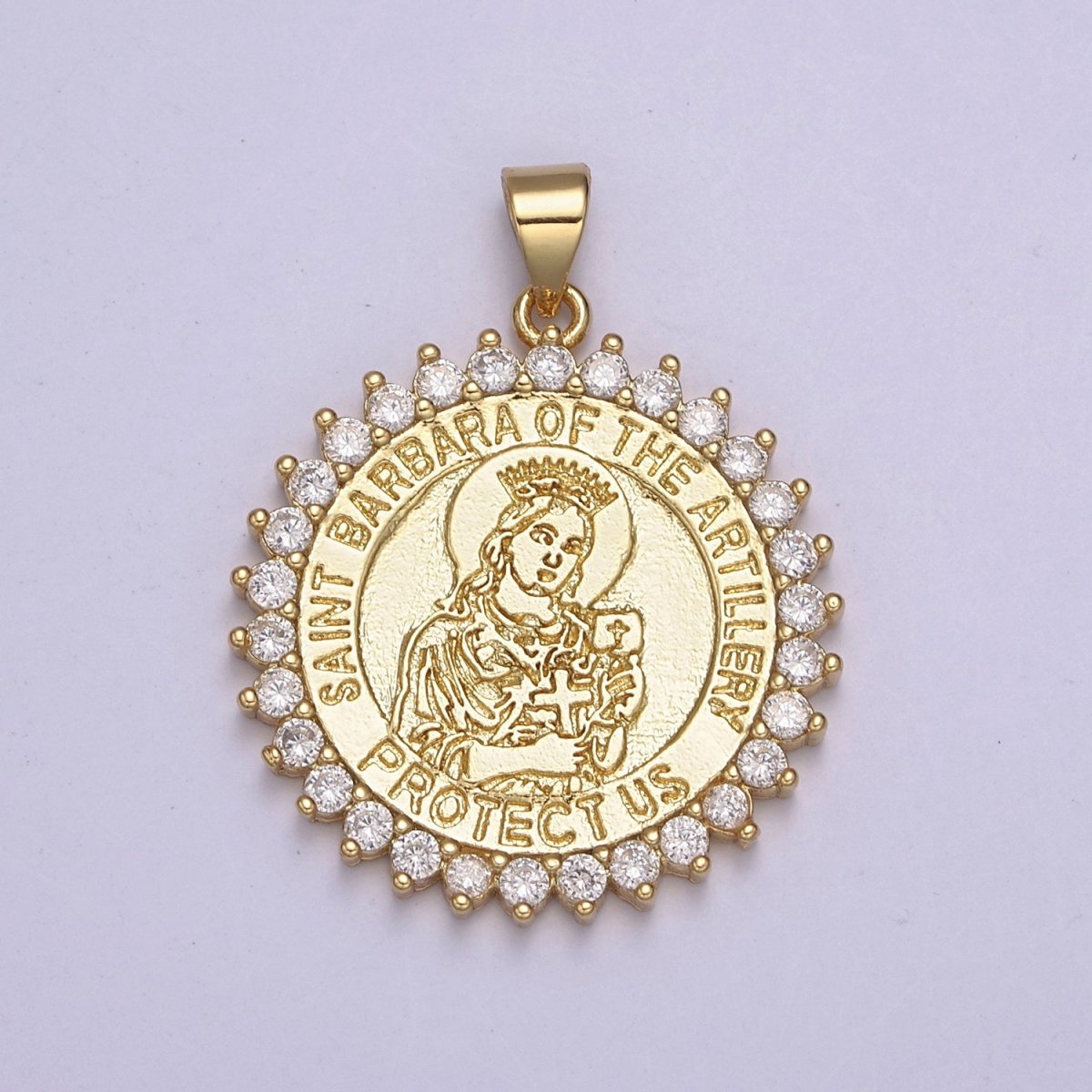 14K Gold Filled Saint Barbara Round Religious Medallion Pendant Micro Pave Religious necklace Charm H-924 - DLUXCA