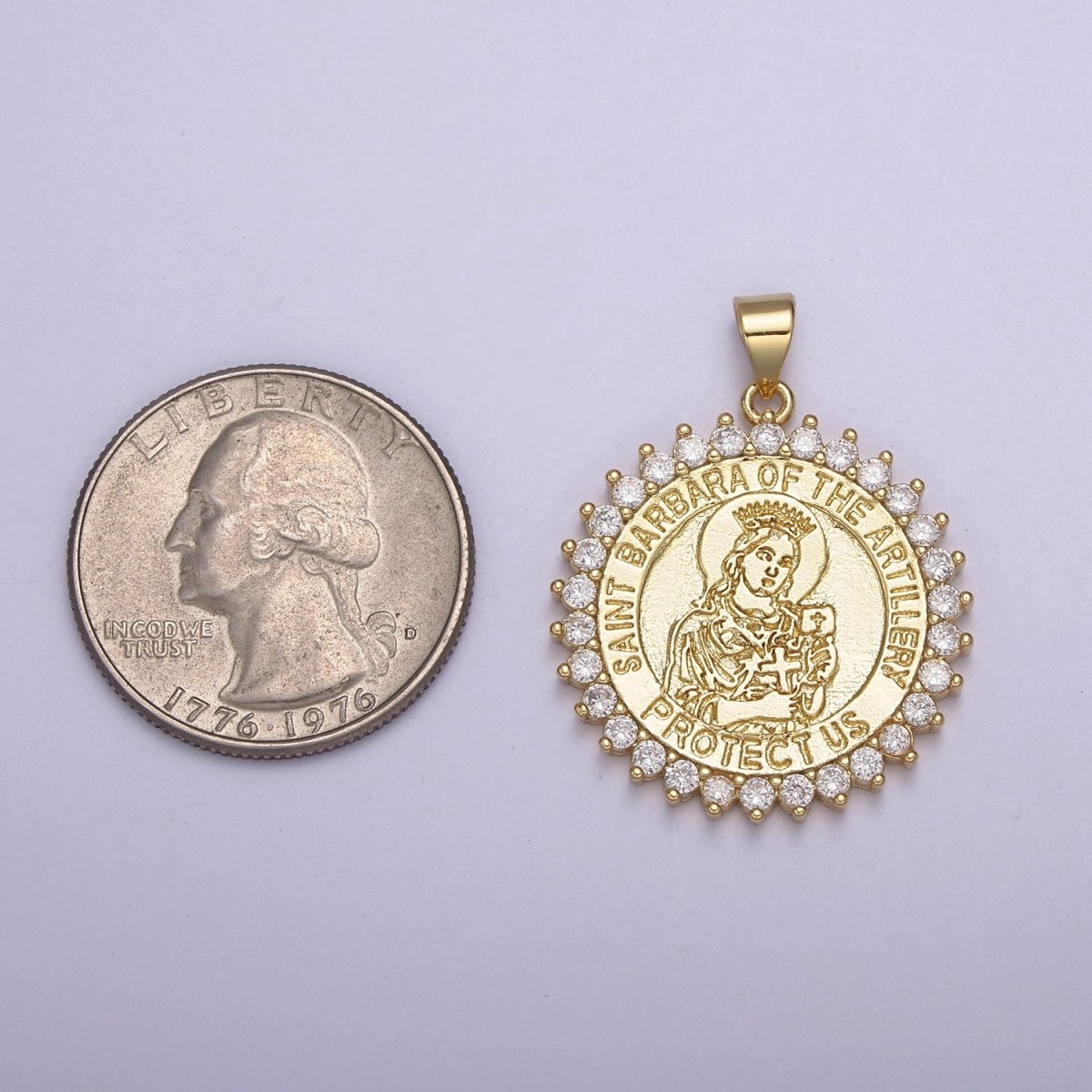 14K Gold Filled Saint Barbara Round Religious Medallion Pendant Micro Pave Religious necklace Charm H-924 - DLUXCA