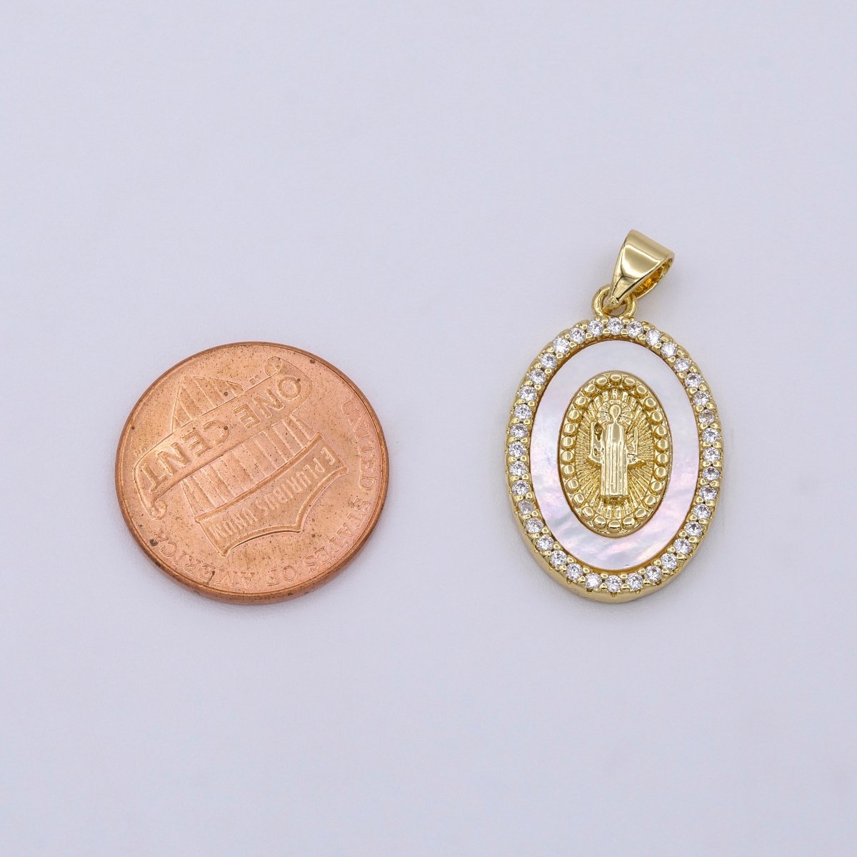 14K Gold Filled Saint Benedict Religious Oval Pearl Micro Paved CZ Pendant | AA428 - DLUXCA