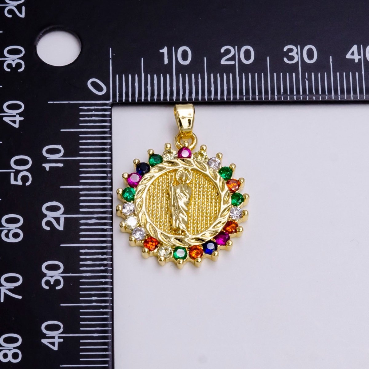 14K Gold Filled Saint Jude Dotted Dented Multicolor CZ Round Pendant | N1460 - DLUXCA
