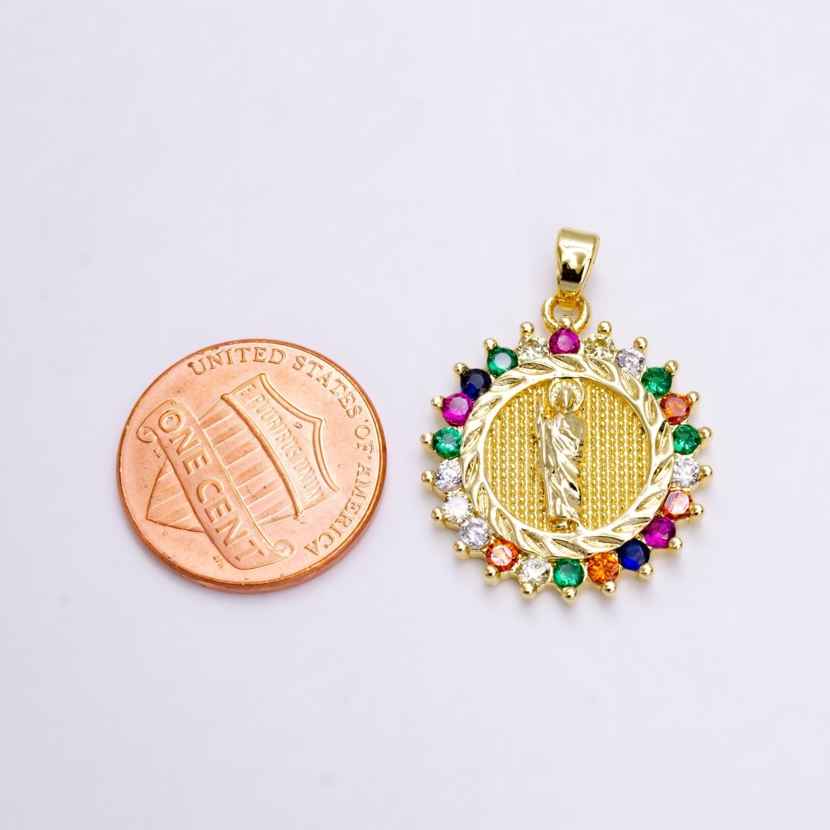 14K Gold Filled Saint Jude Dotted Dented Multicolor CZ Round Pendant | N1460 - DLUXCA