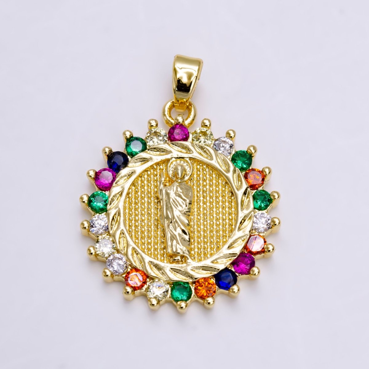 14K Gold Filled Saint Jude Dotted Dented Multicolor CZ Round Pendant | N1460 - DLUXCA