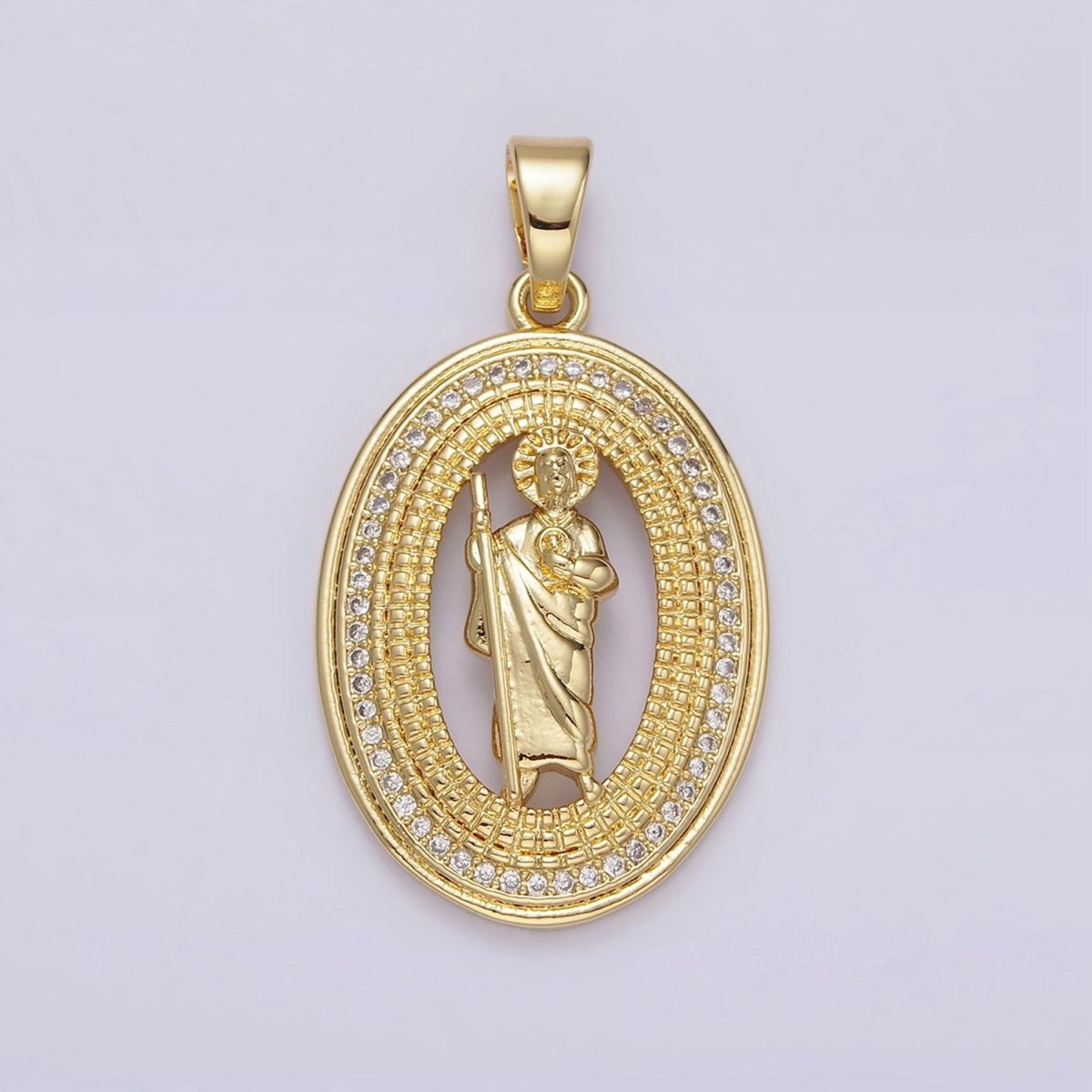 14K Gold Filled Saint Jude Open Beaded Clear Micro Paved CZ Oval Pendant | N1285 - DLUXCA