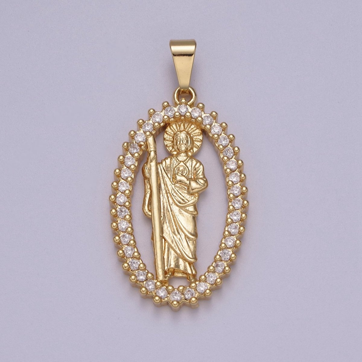 14K Gold Filled Saint Jude Pendant Saint of Hope in Clear Crystal Cubic Zirconia Charm N-612 - DLUXCA