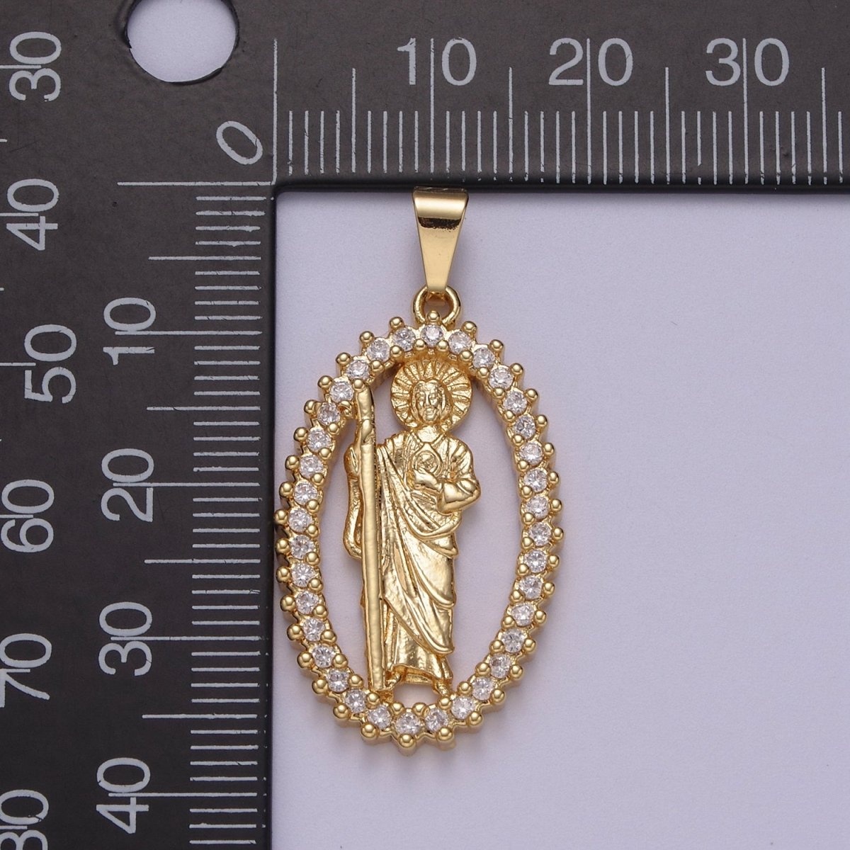 14K Gold Filled Saint Jude Pendant Saint of Hope in Clear Crystal Cubic Zirconia Charm N-612 - DLUXCA