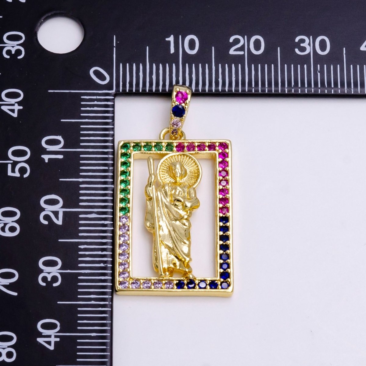 14K Gold Filled Saint Jude Religious Figure Open Multicolor Micro Paved CZ Rectangular Pendant | N1457 - DLUXCA