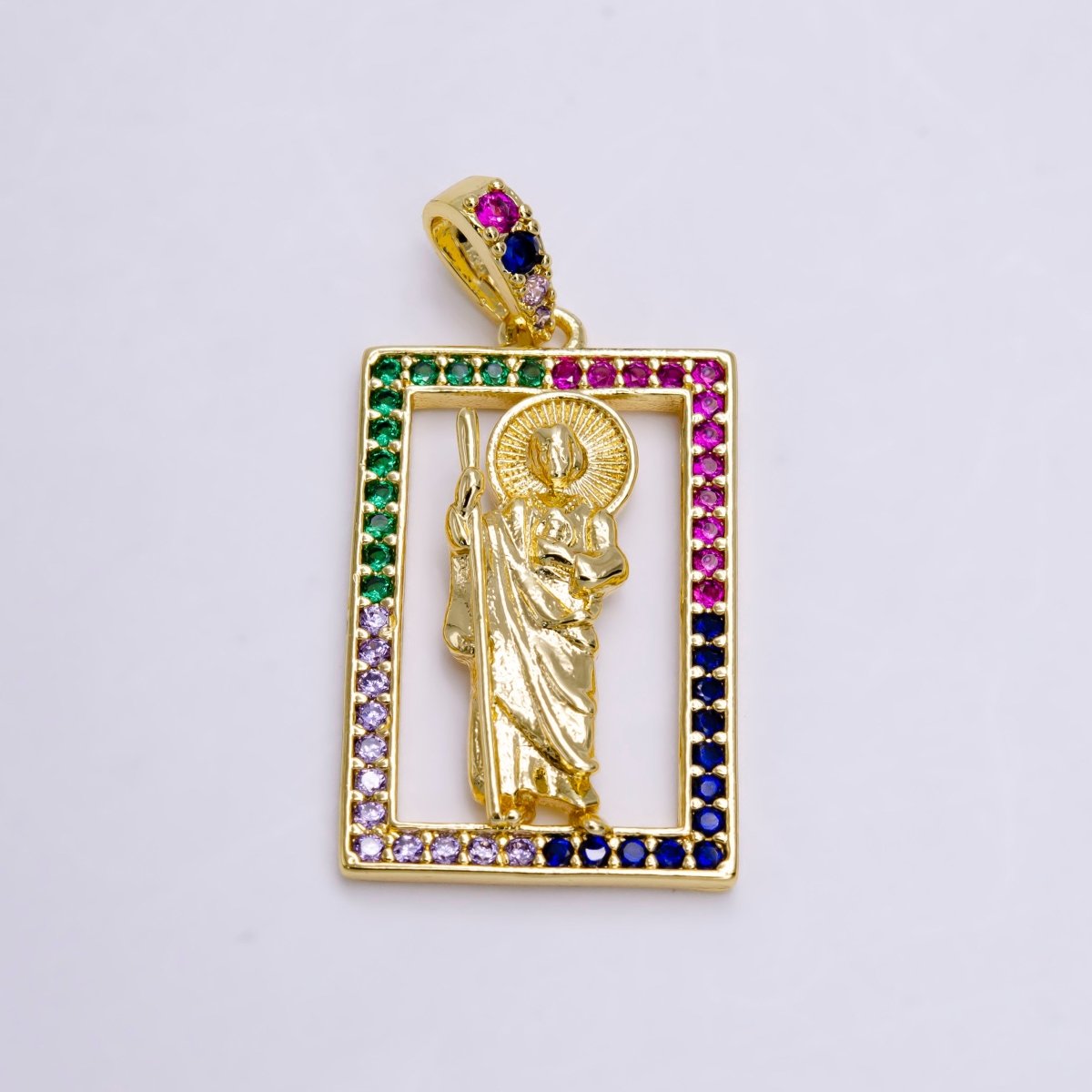 14K Gold Filled Saint Jude Religious Figure Open Multicolor Micro Paved CZ Rectangular Pendant | N1457 - DLUXCA