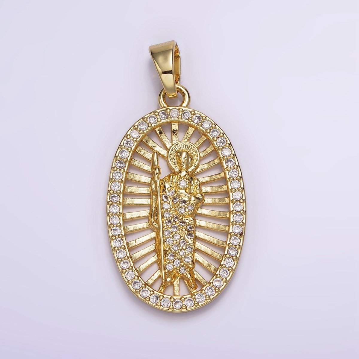 14K Gold Filled Saint Jude Religious Open Bar Lined Micro Paved CZ Oval Pendant | N1784 - DLUXCA