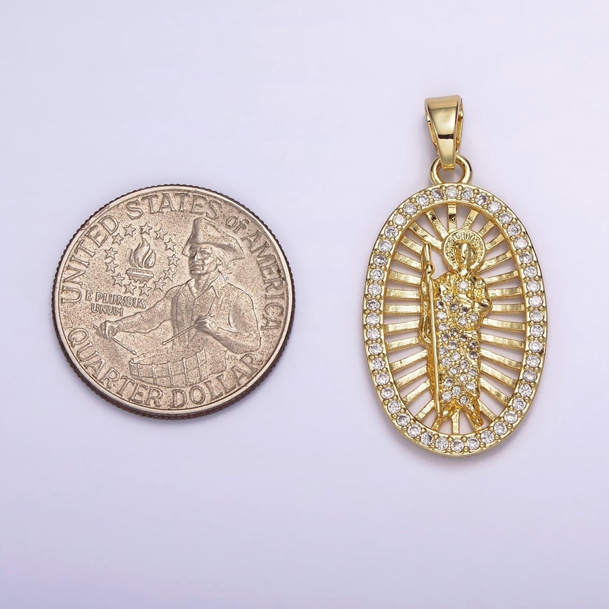 14K Gold Filled Saint Jude Religious Open Bar Lined Micro Paved CZ Oval Pendant | N1784 - DLUXCA