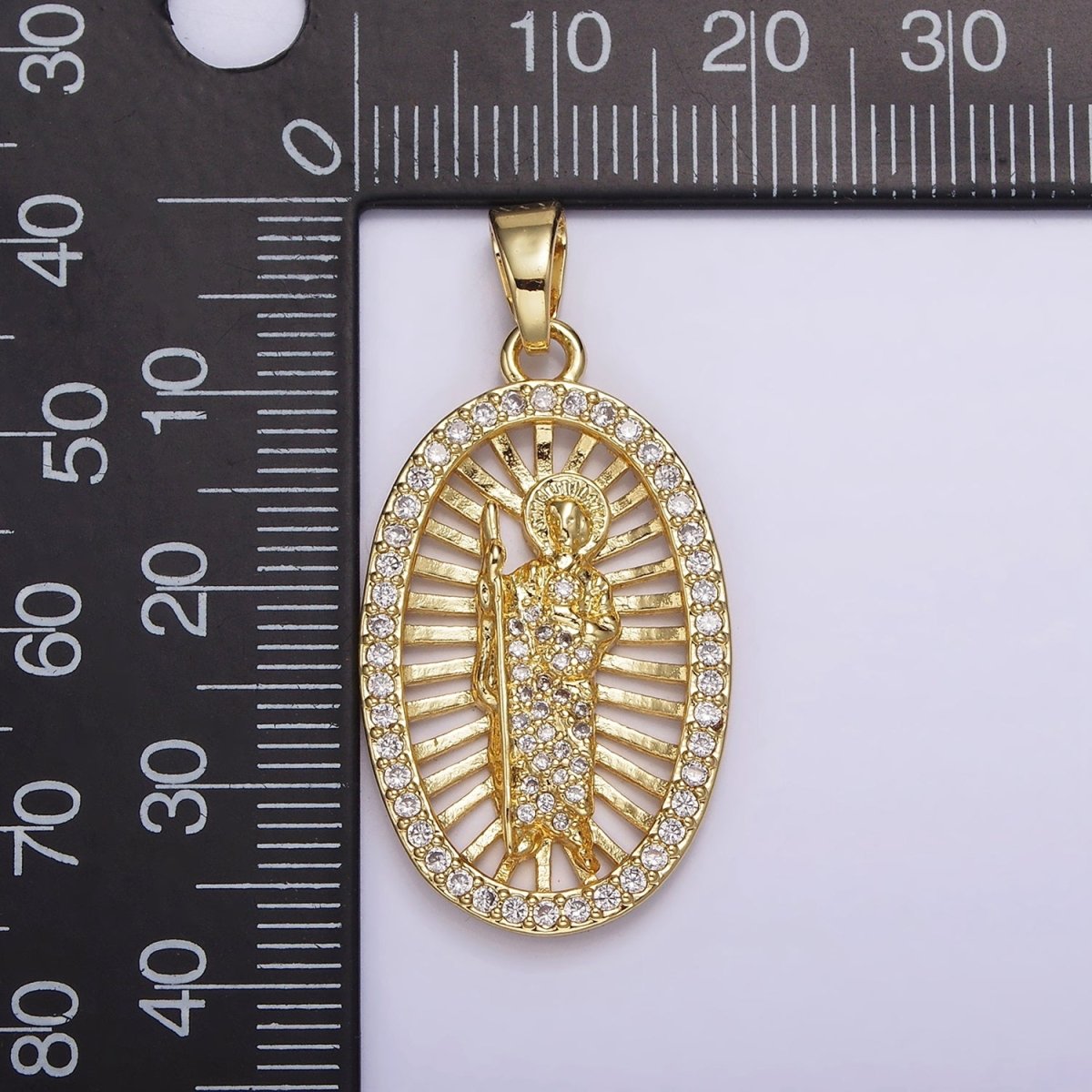 14K Gold Filled Saint Jude Religious Open Bar Lined Micro Paved CZ Oval Pendant | N1784 - DLUXCA