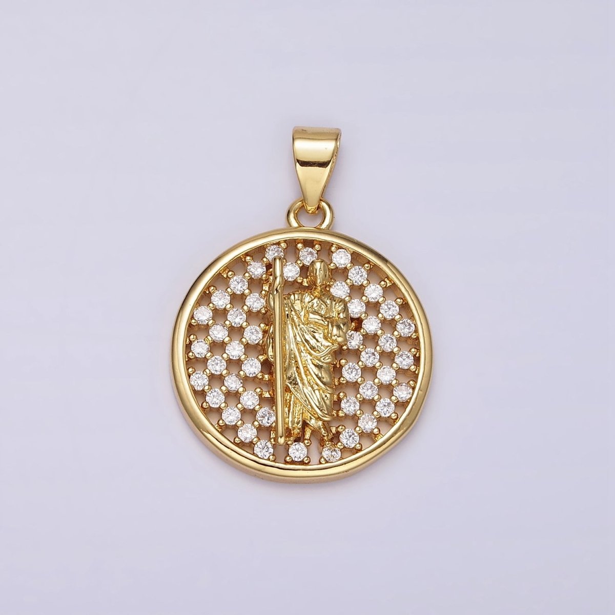 14K Gold Filled Saint Jude Religious Open Clear CZ Checkered Round Charm | N1946 - DLUXCA