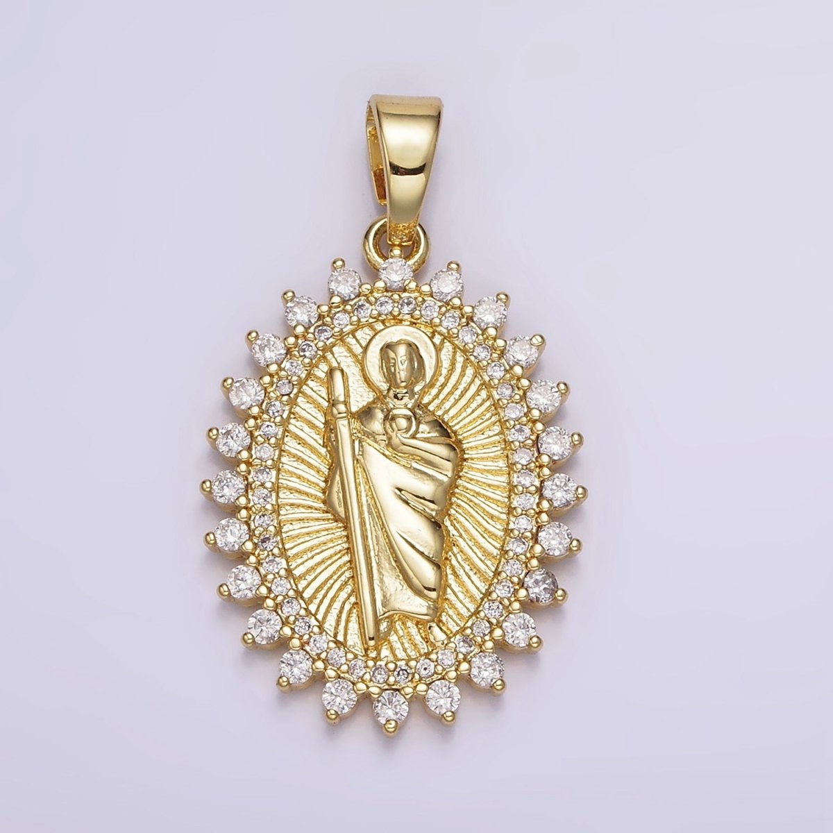 14K Gold Filled Saint Jude Religious Swirl Lined Clear Micro Paved CZ Dotted Oval Pendant | N1785 - DLUXCA