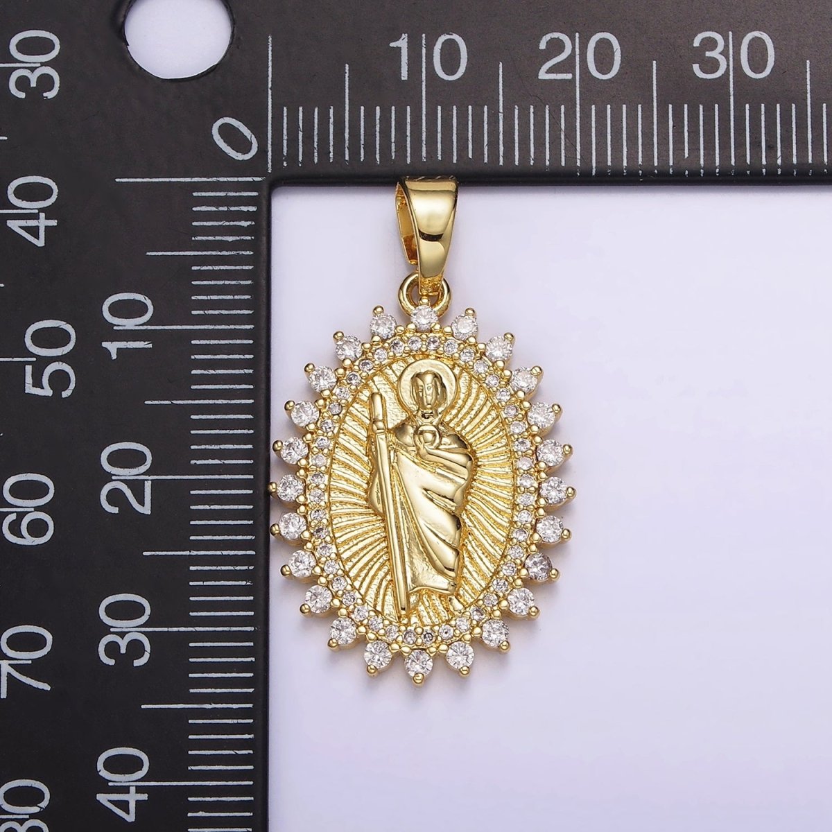 14K Gold Filled Saint Jude Religious Swirl Lined Clear Micro Paved CZ Dotted Oval Pendant | N1785 - DLUXCA