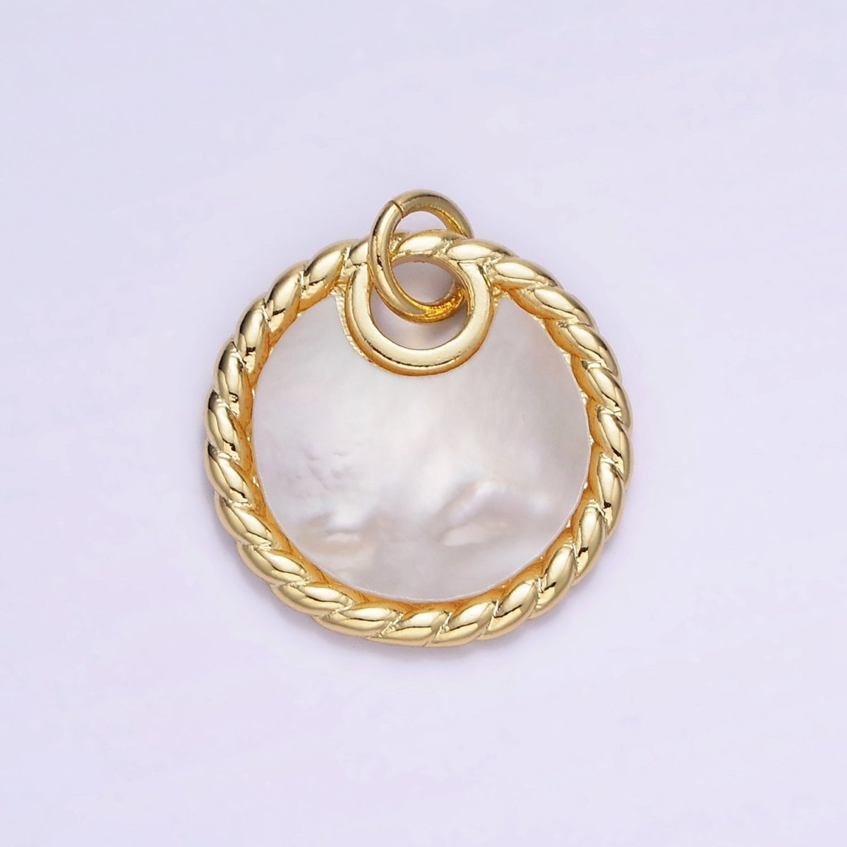 14K Gold Filled Shell Pearl Croissant Bezel Round Charm in Gold & Silver | W503 - DLUXCA