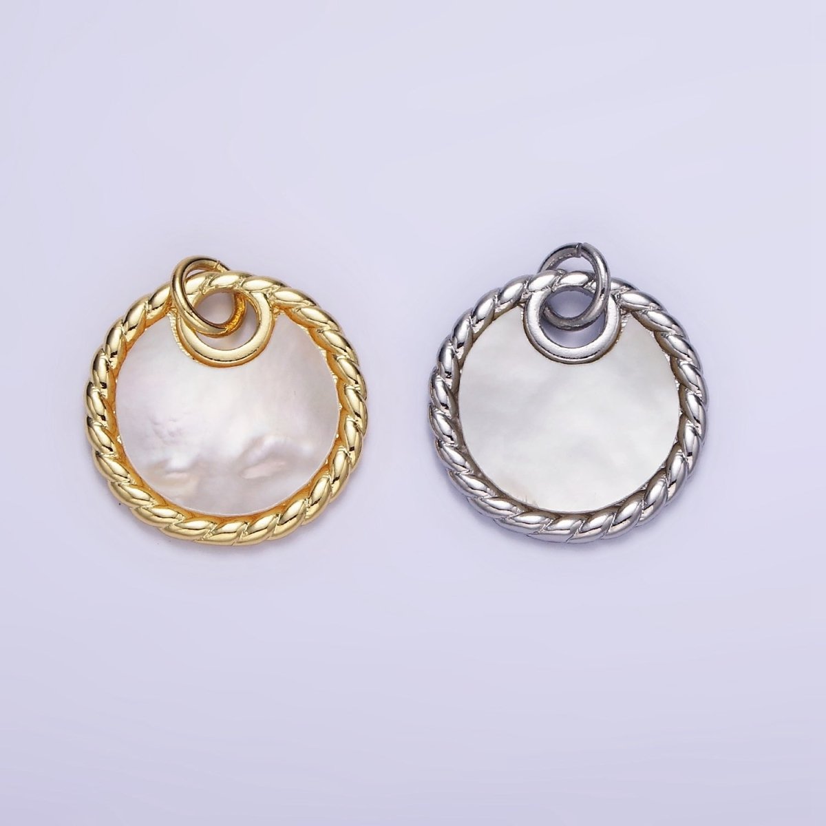 14K Gold Filled Shell Pearl Croissant Bezel Round Charm in Gold & Silver | W503 - DLUXCA