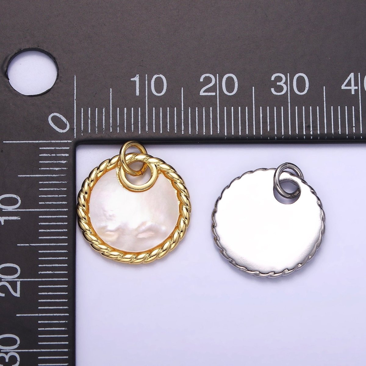 14K Gold Filled Shell Pearl Croissant Bezel Round Charm in Gold & Silver | W503 - DLUXCA