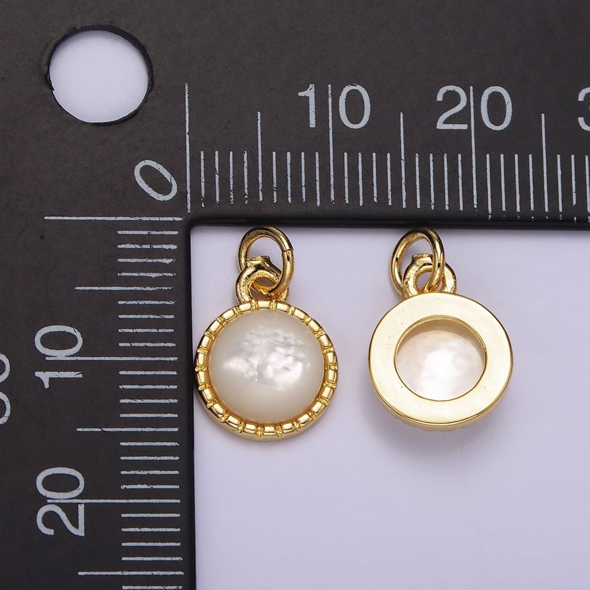 14K Gold Filled Shell Pearl Dotted Bezel Round Charm | AG543 - DLUXCA