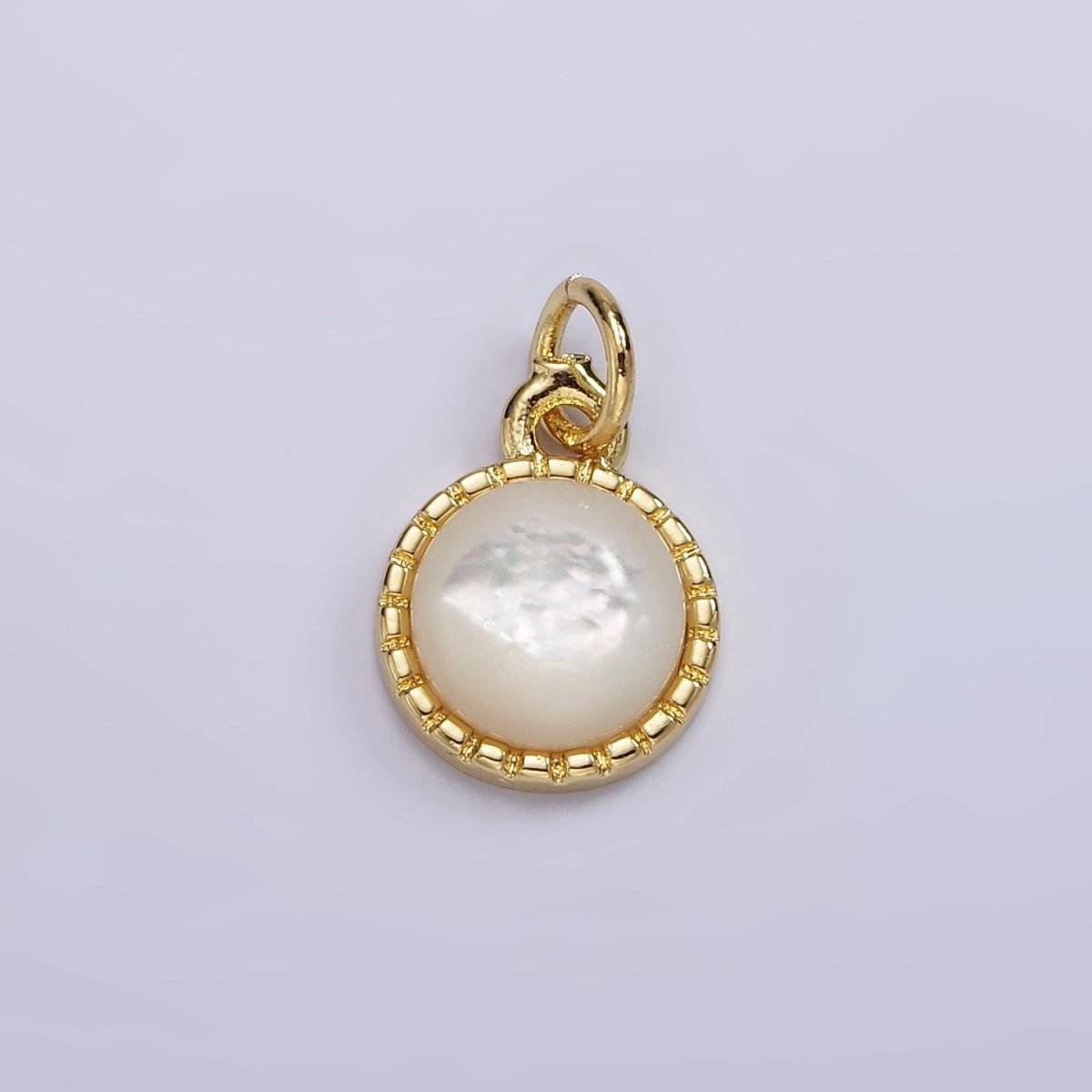 14K Gold Filled Shell Pearl Dotted Bezel Round Charm | AG543 - DLUXCA