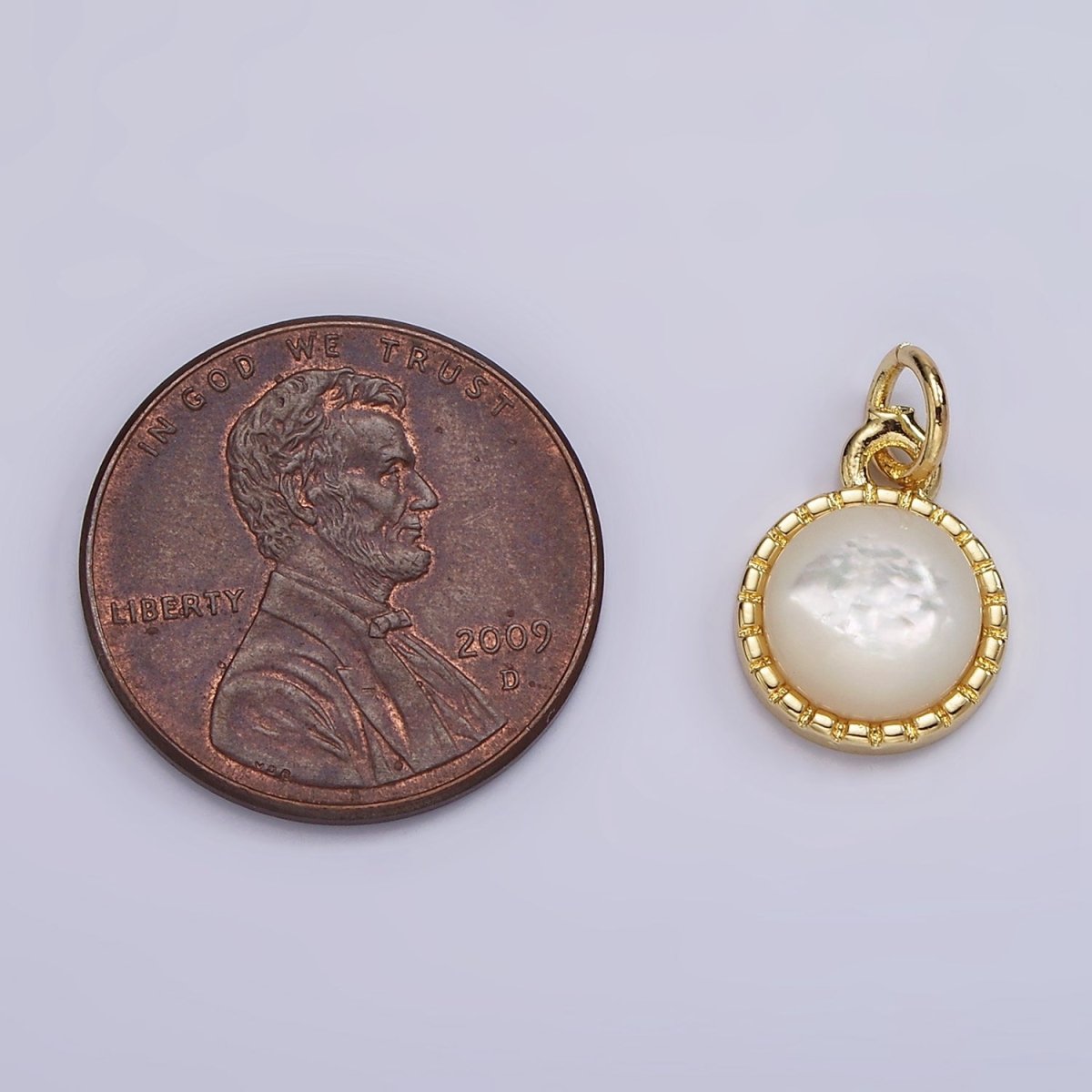 14K Gold Filled Shell Pearl Dotted Bezel Round Charm | AG543 - DLUXCA