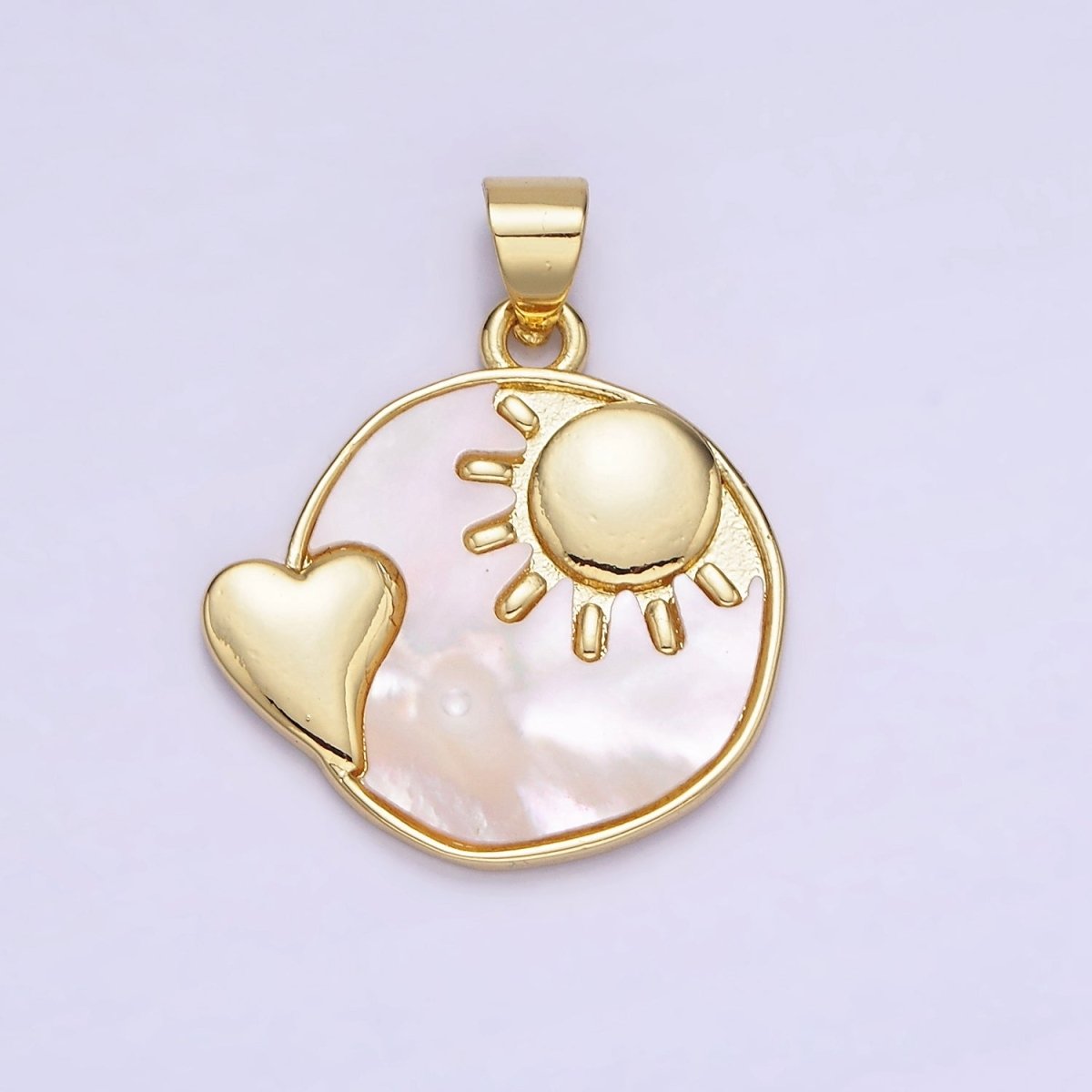 14K Gold Filled Shell Pearl Heart Celestial Sun, Moon Round Pendant | AH153 AA741 - DLUXCA