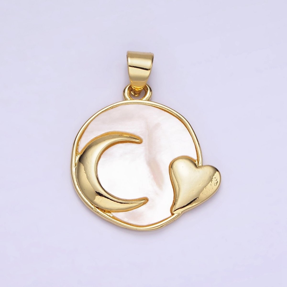 14K Gold Filled Shell Pearl Heart Celestial Sun, Moon Round Pendant | AH153 AA741 - DLUXCA