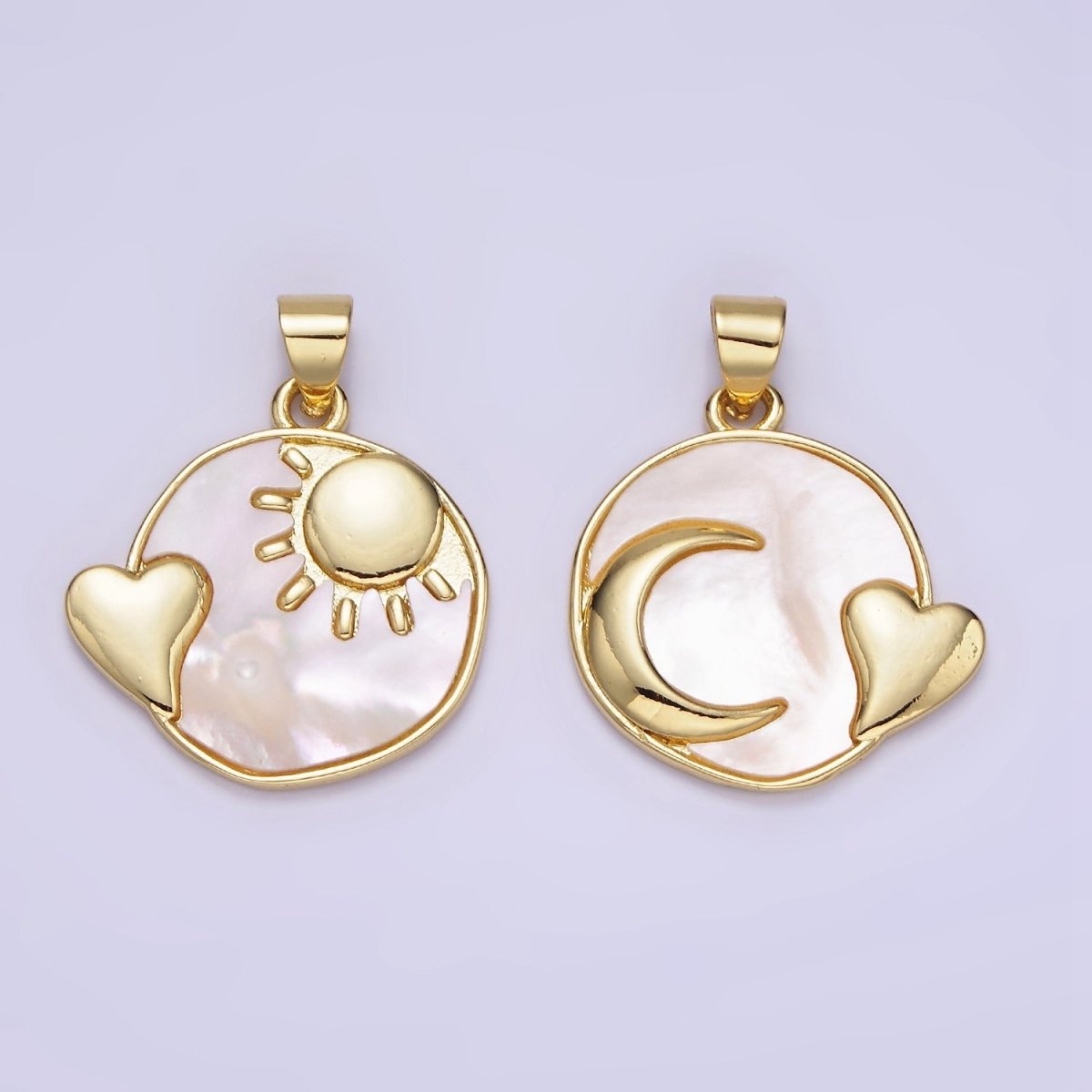 14K Gold Filled Shell Pearl Heart Celestial Sun, Moon Round Pendant | AH153 AA741 - DLUXCA