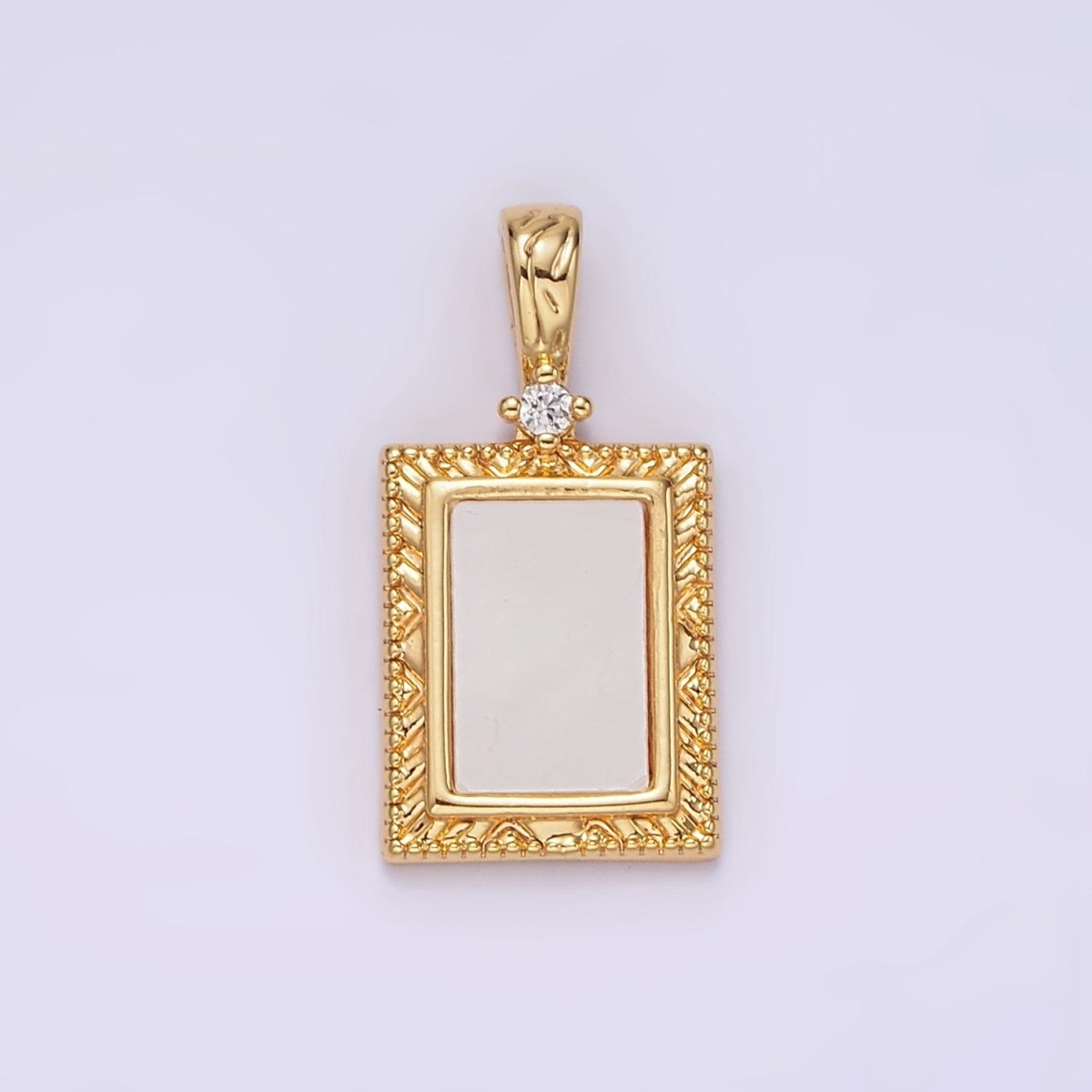 14K Gold Filled Shell Pearl Line-Textured Textured Rectangular Clear CZ Tag Pendant | N1799 - DLUXCA