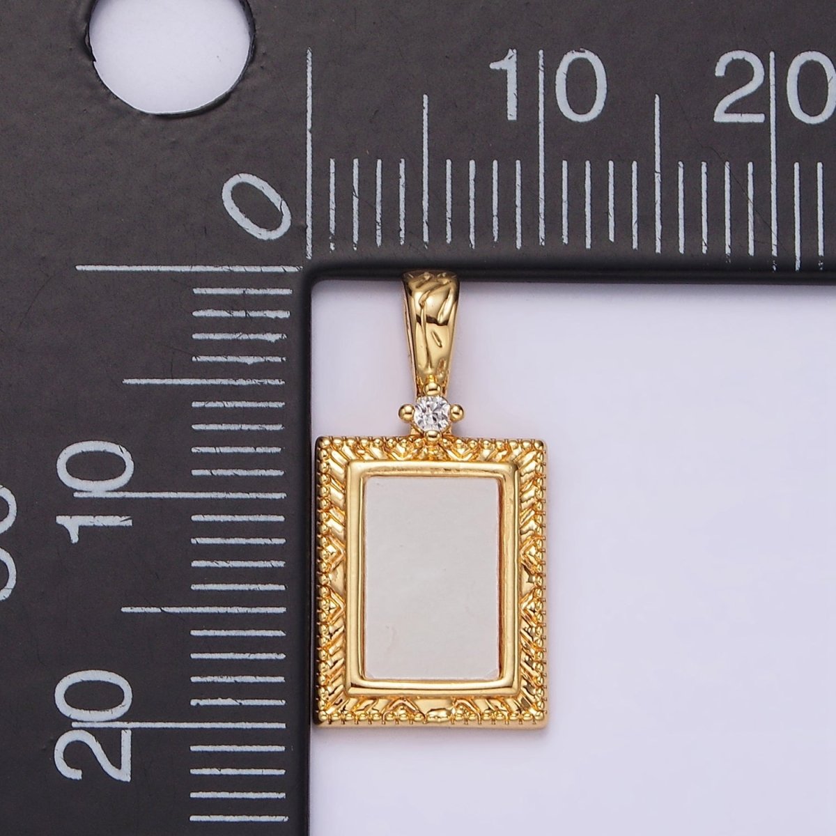 14K Gold Filled Shell Pearl Line-Textured Textured Rectangular Clear CZ Tag Pendant | N1799 - DLUXCA