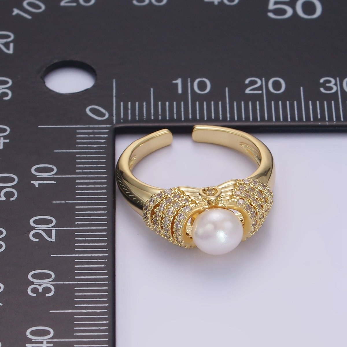 14K Gold Filled Shell Pearl Micro Paved CZ Multiple Lined Band Ring | O1343 - DLUXCA
