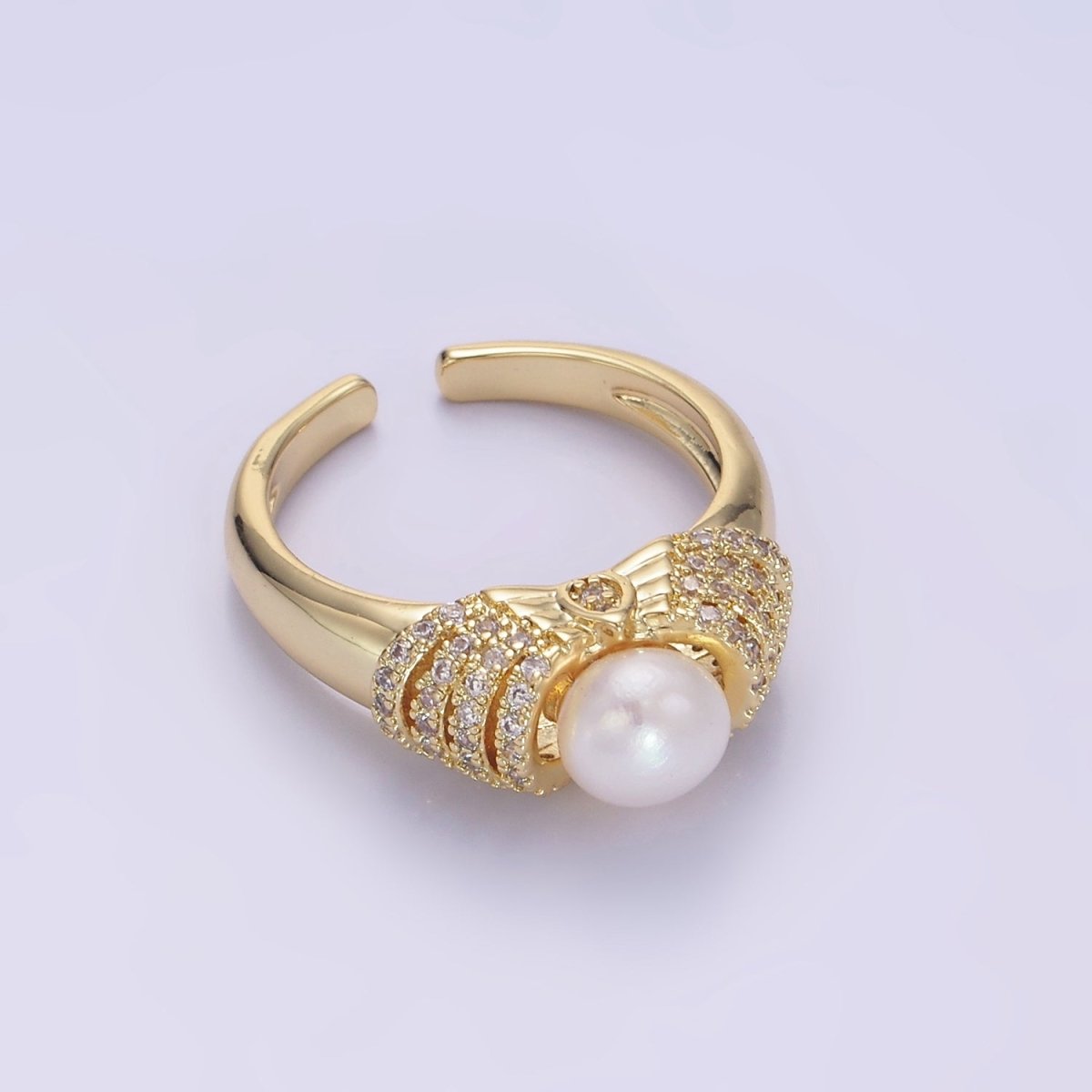 14K Gold Filled Shell Pearl Micro Paved CZ Multiple Lined Band Ring | O1343 - DLUXCA
