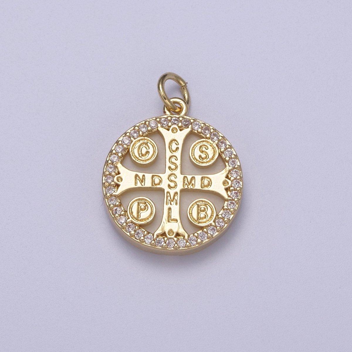 14K Gold Filled Shell Pearl Saint St. Benedict CSSML NDSMD Cross Micro Paved Round Charm | C-411 - DLUXCA