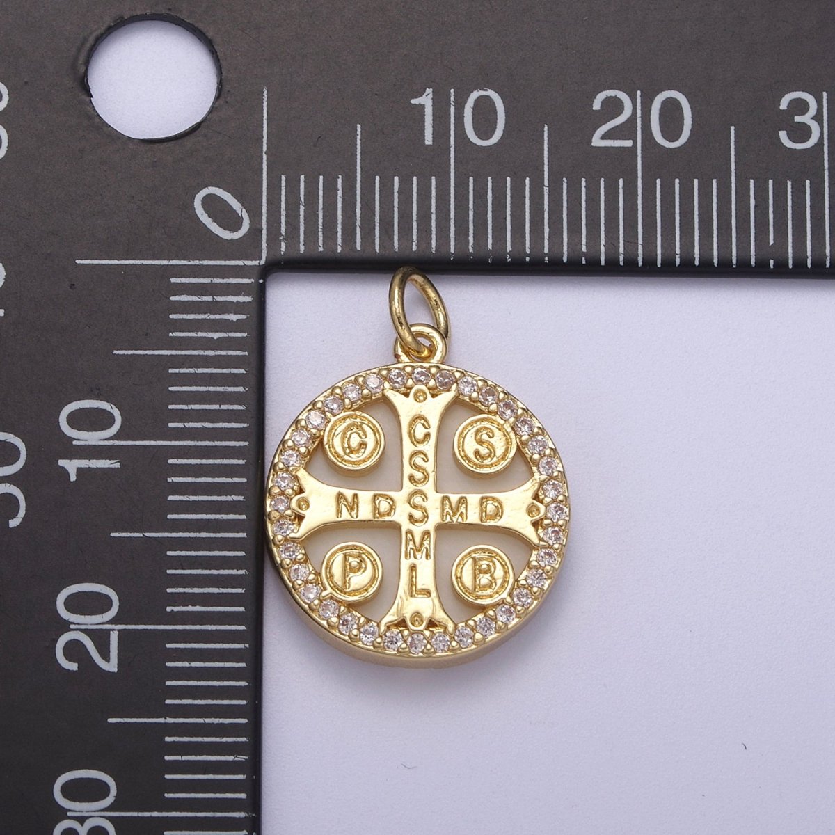 14K Gold Filled Shell Pearl Saint St. Benedict CSSML NDSMD Cross Micro Paved Round Charm | C-411 - DLUXCA