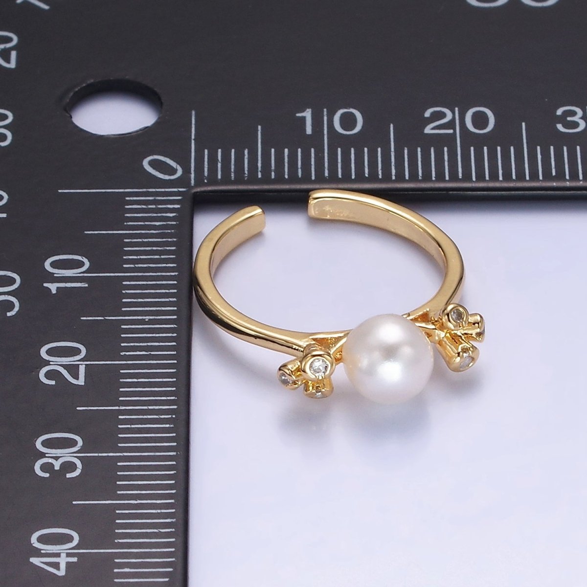 14K Gold Filled Shell Pearl Triple CZ Solitaire Ring | O1316 - DLUXCA
