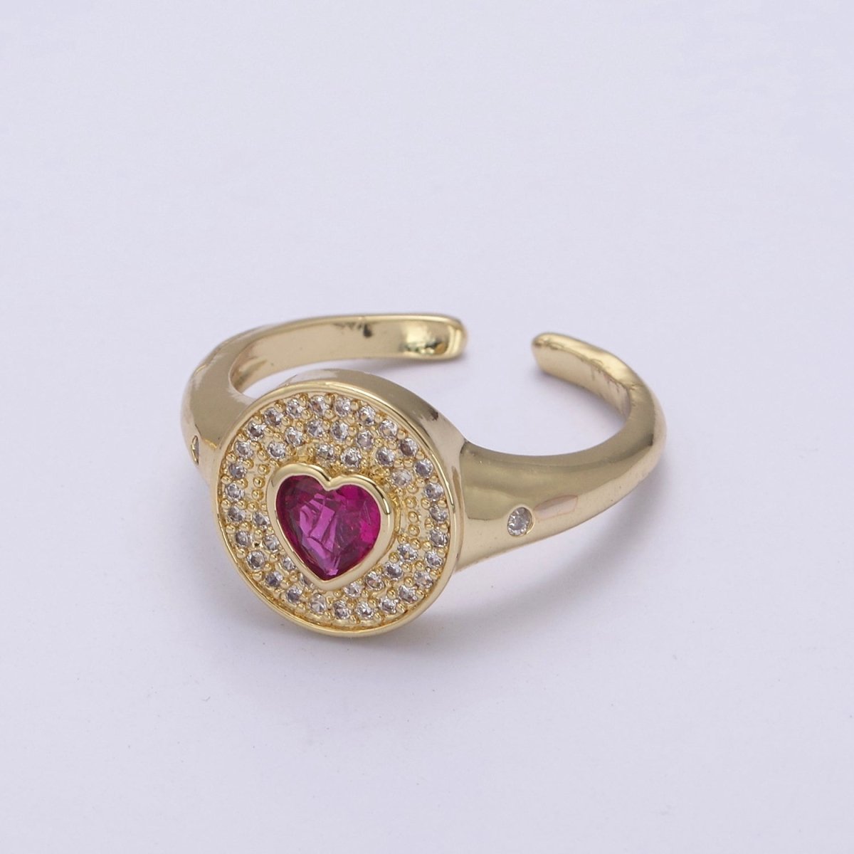 14k Gold Filled Signet Ring, Cubic Zirconia CZ Heart Circle Ring, Gold Open Adjustable Ring U-285~U-288 - DLUXCA